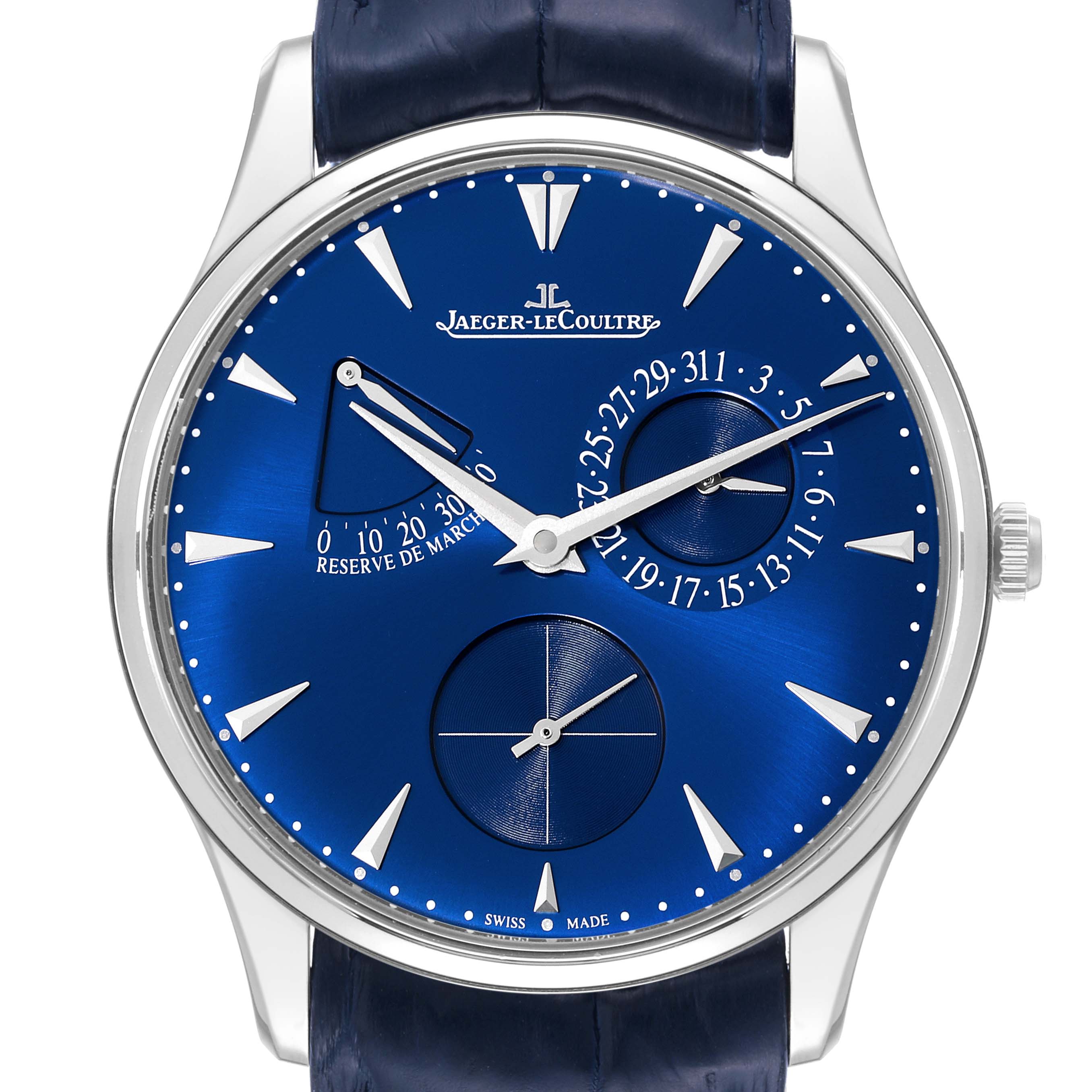This image shows a front view of the Jaeger-LeCoultre Master watch, highlighting its blue dial, brand logo, and various subdials.