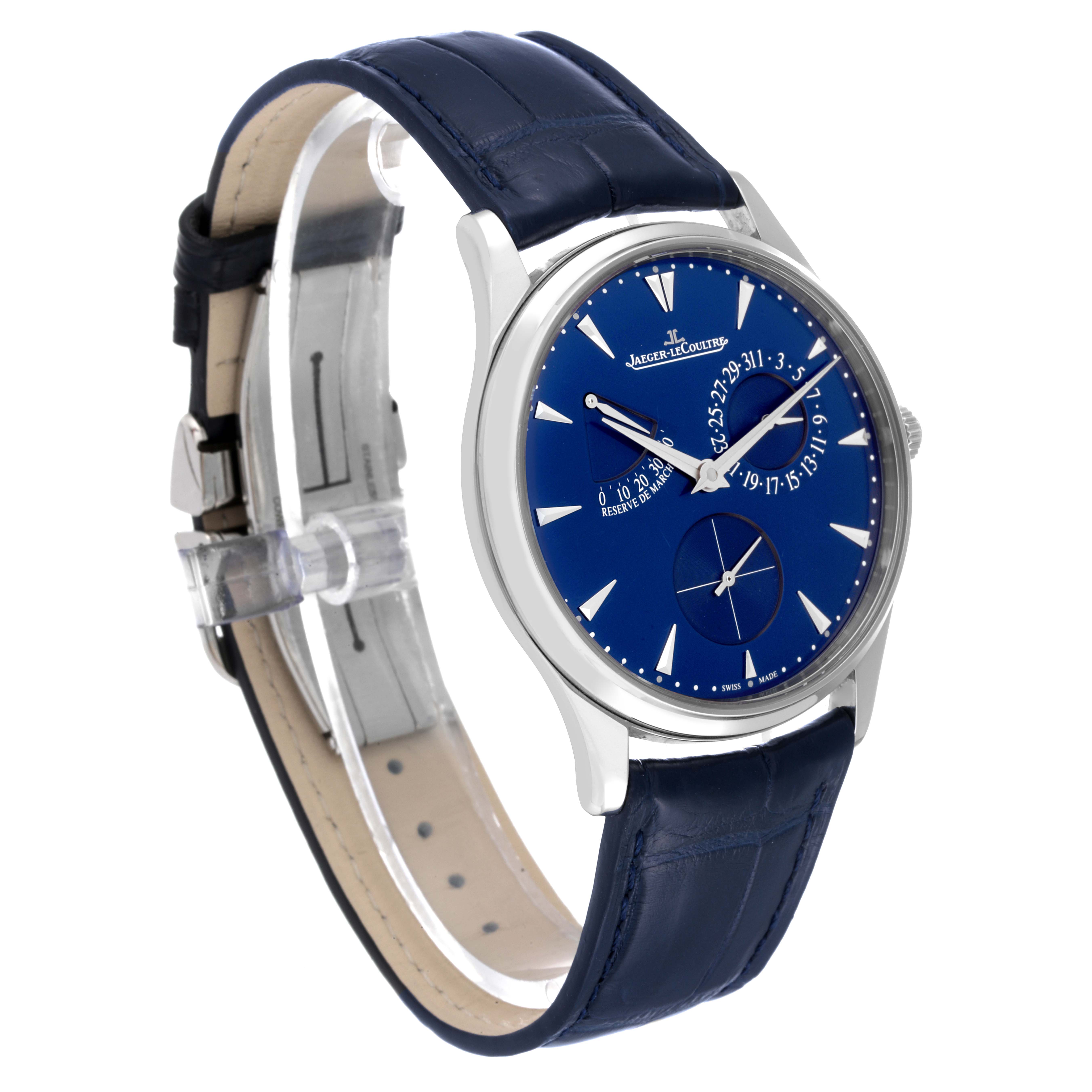 This image shows a Jaeger-LeCoultre Master watch with a blue dial, silver indices, and a blue leather strap at an angled front view.