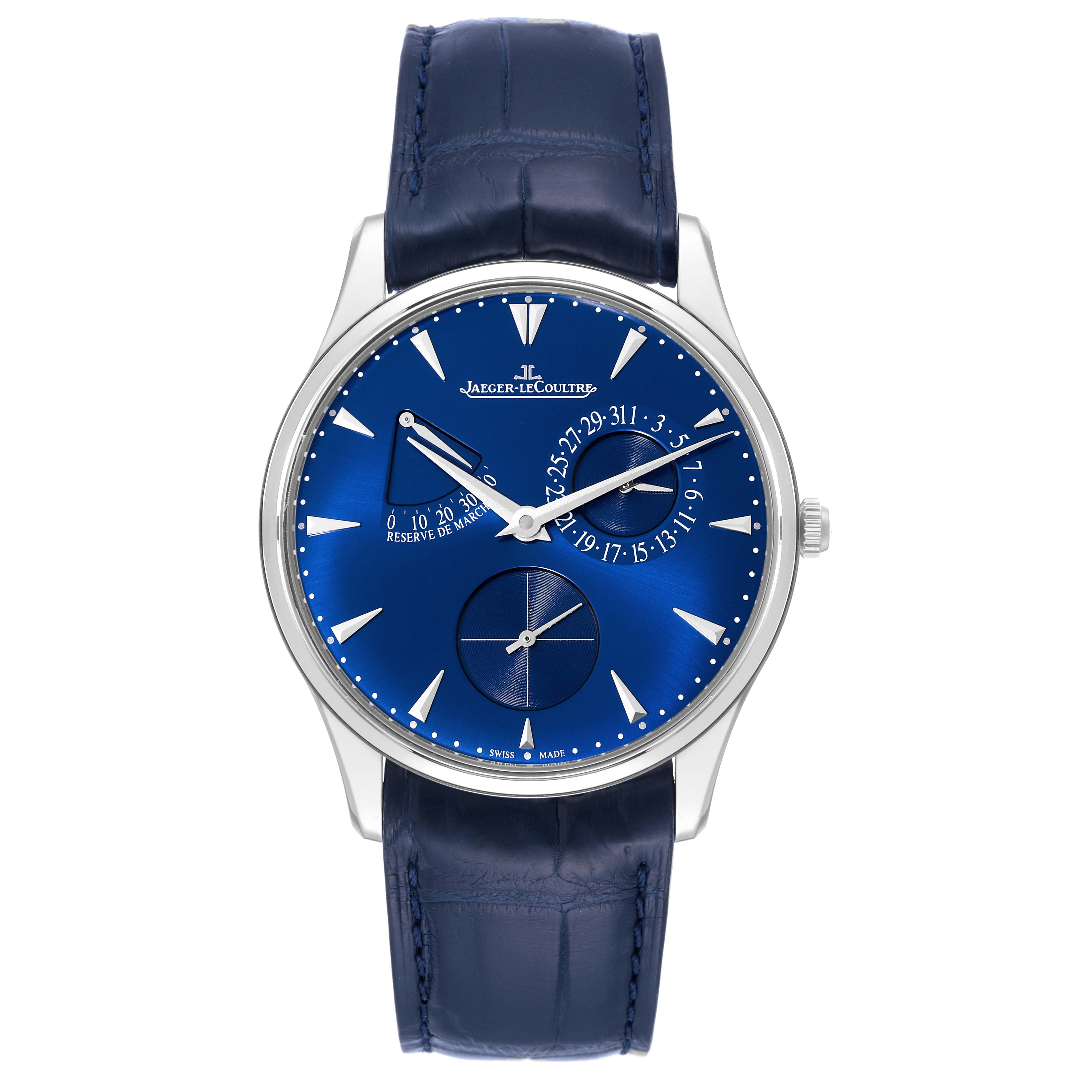 The image shows a front view of the Jaeger LeCoultre Master Q1378480 Men's Stainless Steel Blue Dial Q1378480 Men's Stainless Steel Blue Dial model watch with a blue dial and leather strap.