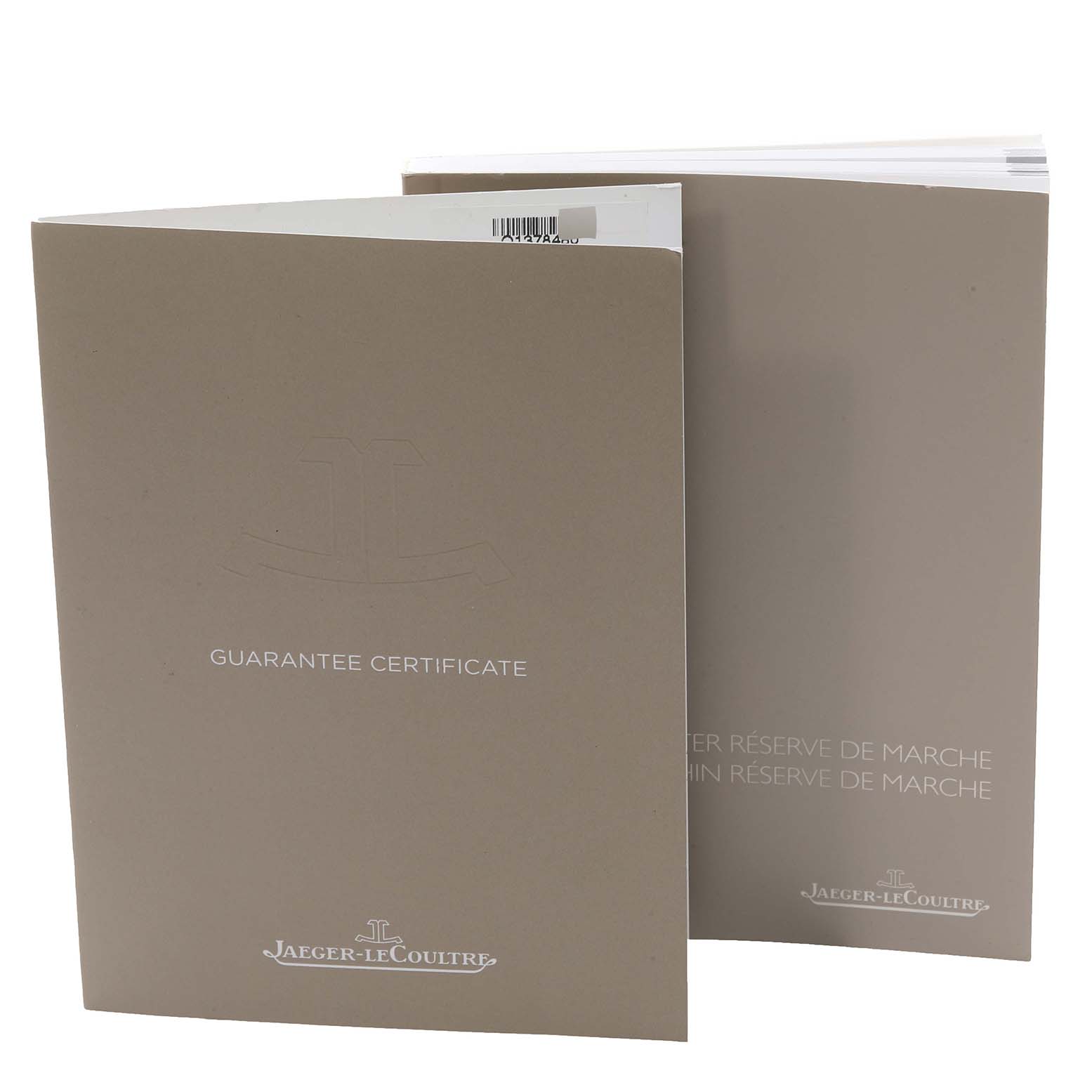 The image shows the Guarantee Certificate booklet and instruction manual for the Jaeger LeCoultre Master Q1378480 Men's Stainless Steel Blue Dial Q1378480 Men's Stainless Steel Blue Dial model.