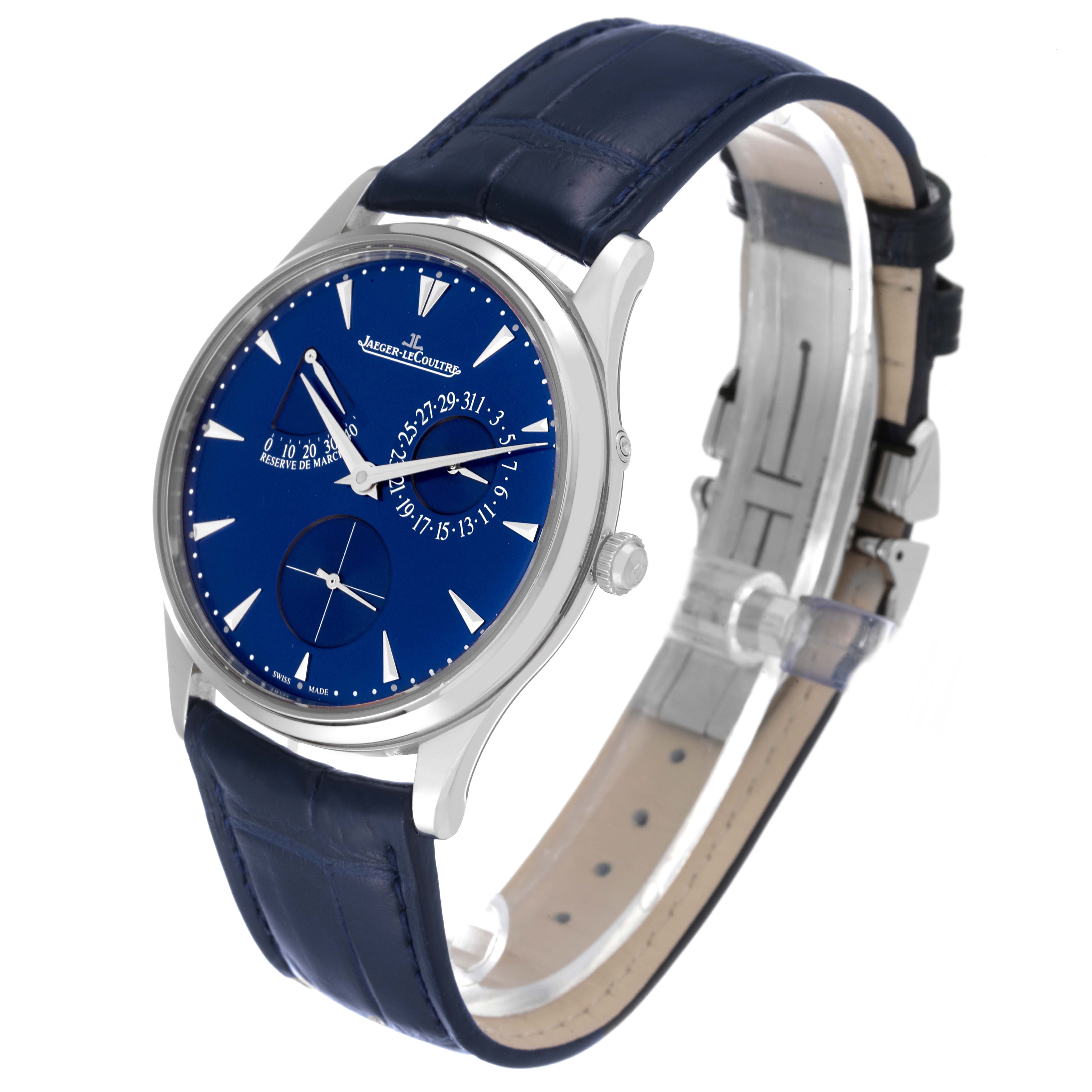 The Jaeger LeCoultre Master Q1378480 Men's Stainless Steel Blue Dial Q1378480 Men's Stainless Steel Blue Dial model watch is shown at an angle highlighting its blue dial, leather strap, and side crown.