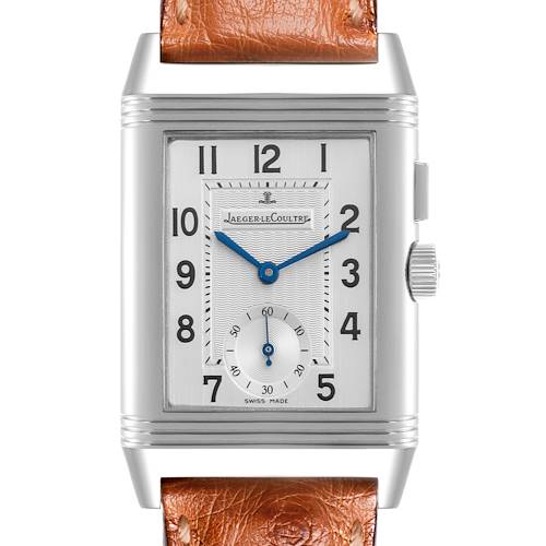 The Jaeger-LeCoultre Reverso watch is shown from a front angle, highlighting the face, crown, and leather strap.