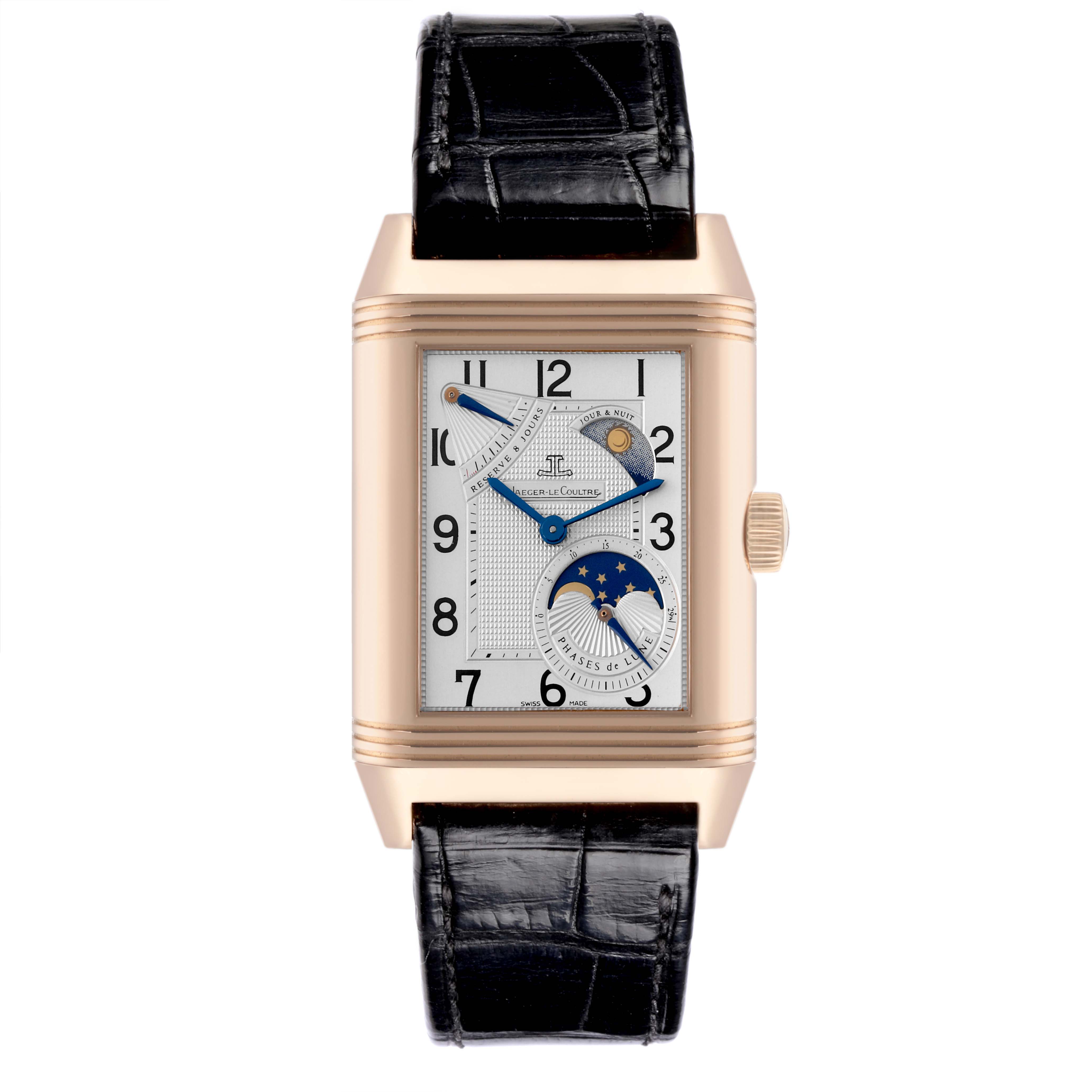 The image shows a Jaeger-LeCoultre Reverso watch from the front, featuring its rectangular face and moon phase dial.