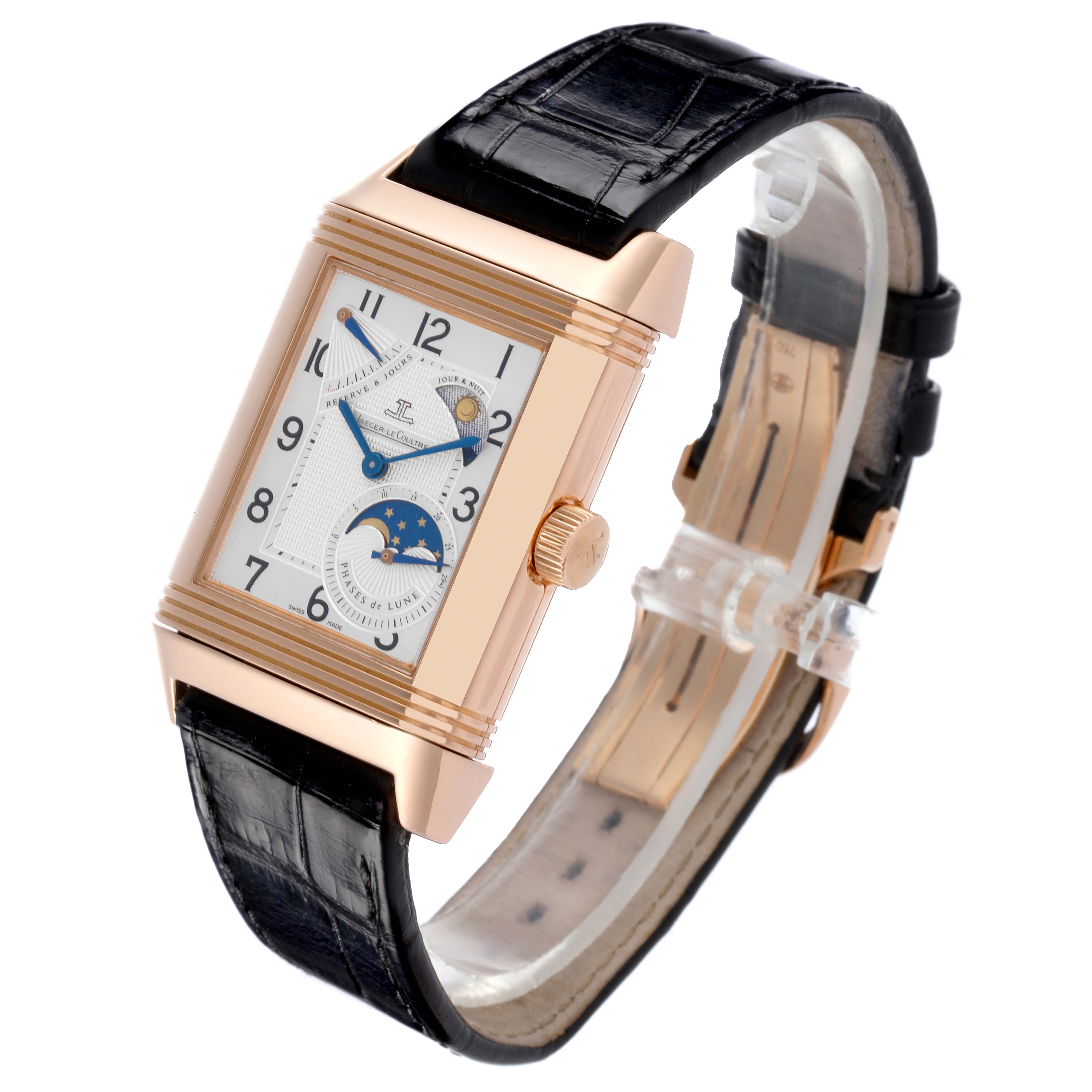 This Jaeger-LeCoultre Reverso watch is shown at a three-quarter angle, highlighting the front face, crown, and strap.