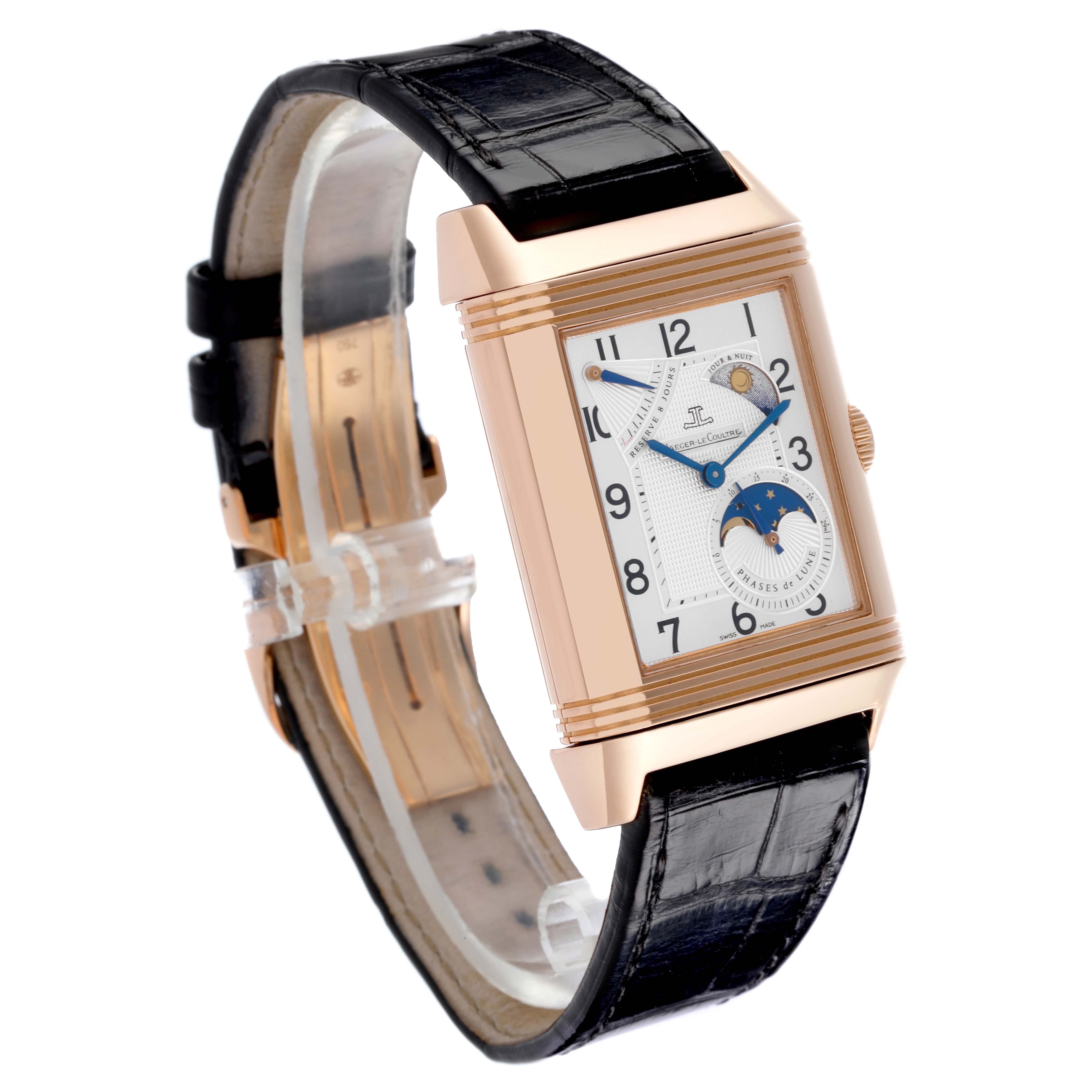 The Jaeger-LeCoultre Reverso is shown at a slight angle, highlighting its front face, case, and black leather strap.