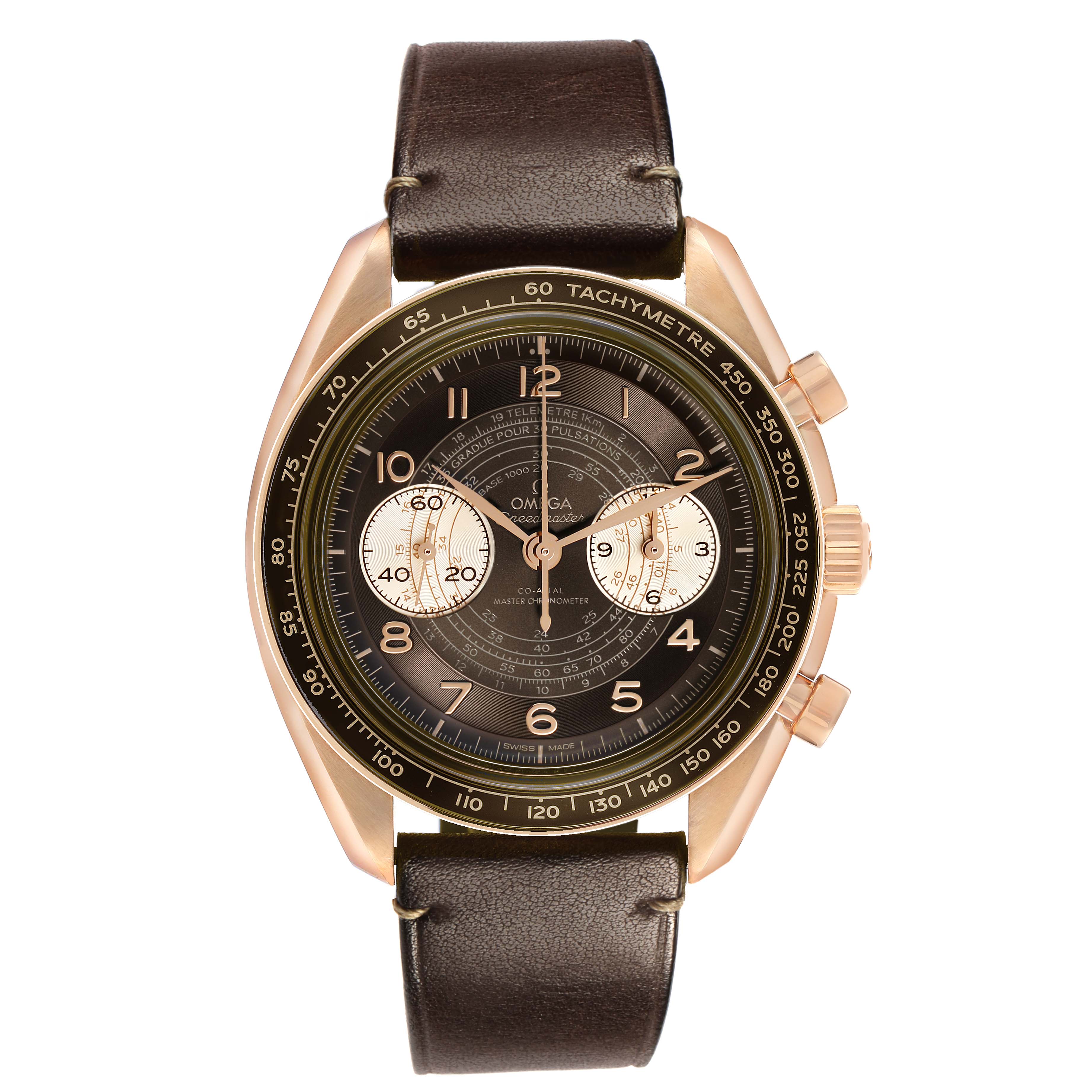 The Omega Speedmaster 329.92.43.51.10.001 Men's Rose Gold Brown Dial watch is shown from a top-down angle, displaying the dial, bezel, pushers, and strap clearly.