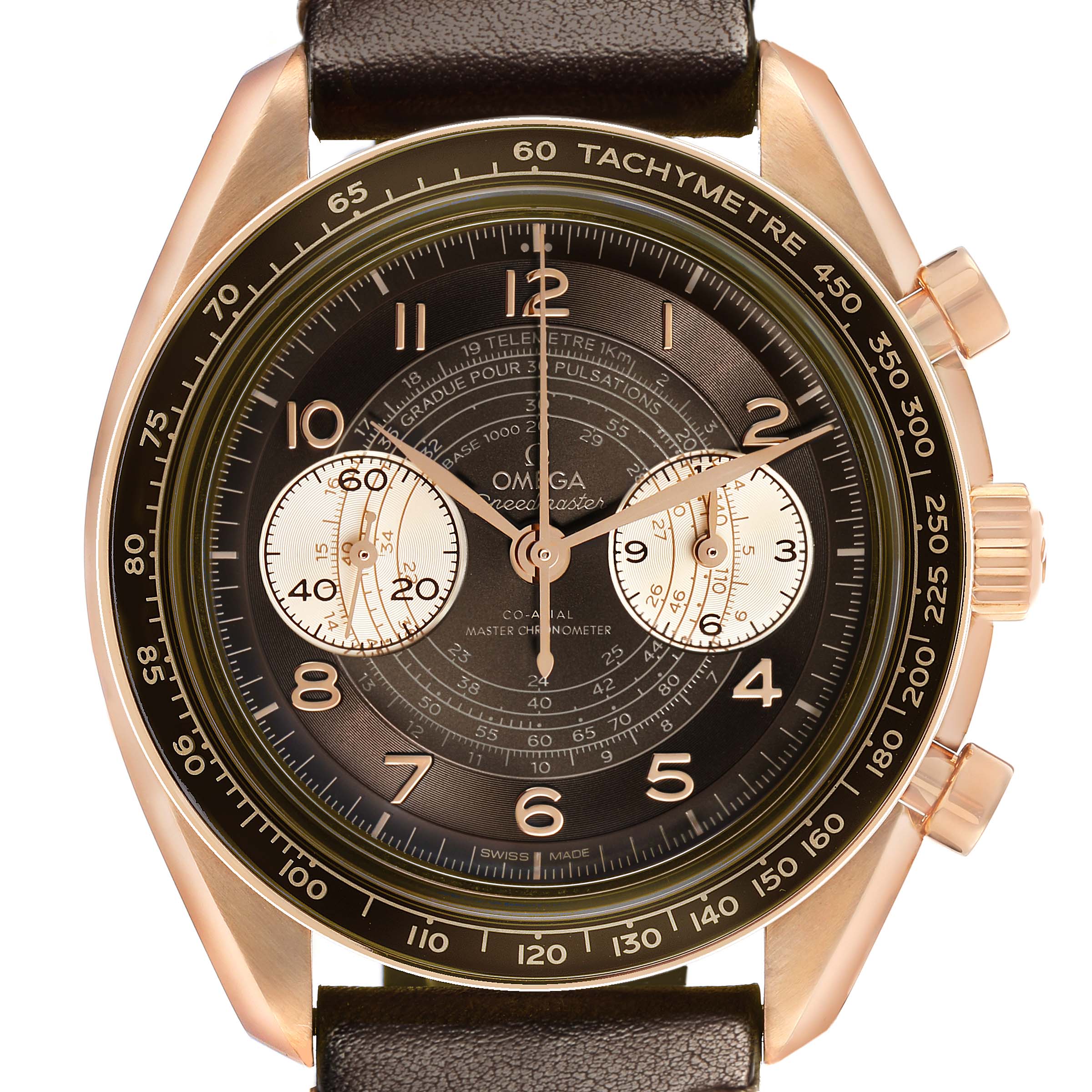 The Omega Speedmaster 329.92.43.51.10.001 Men's Rose Gold Brown Dial watch is shown from the front, displaying the dial, bezel with tachymetre scale, and subdials.