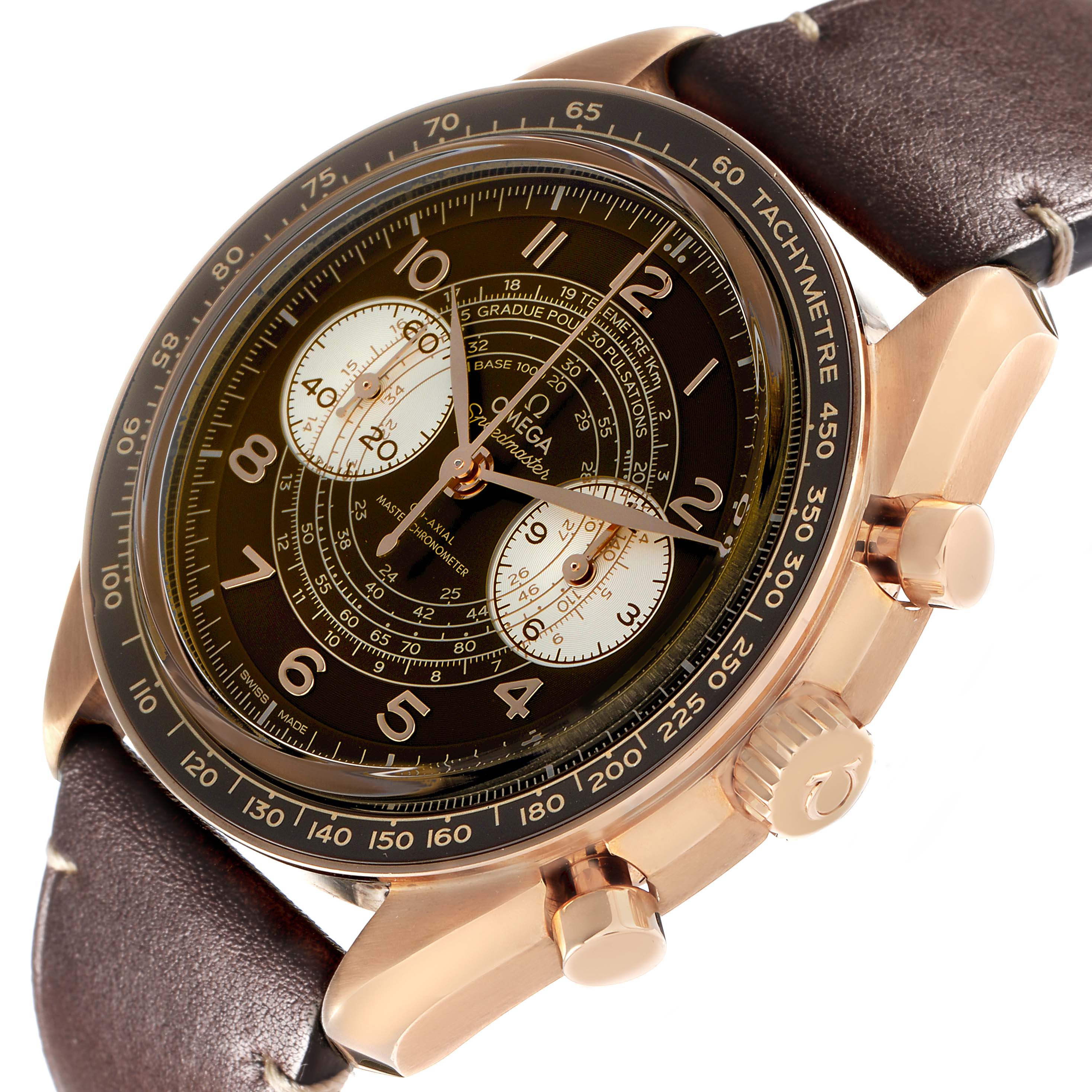 The Omega Speedmaster 329.92.43.51.10.001 Men's Rose Gold Brown Dial watch is shown at an oblique angle, highlighting the face, bezel, crown, and pushers.