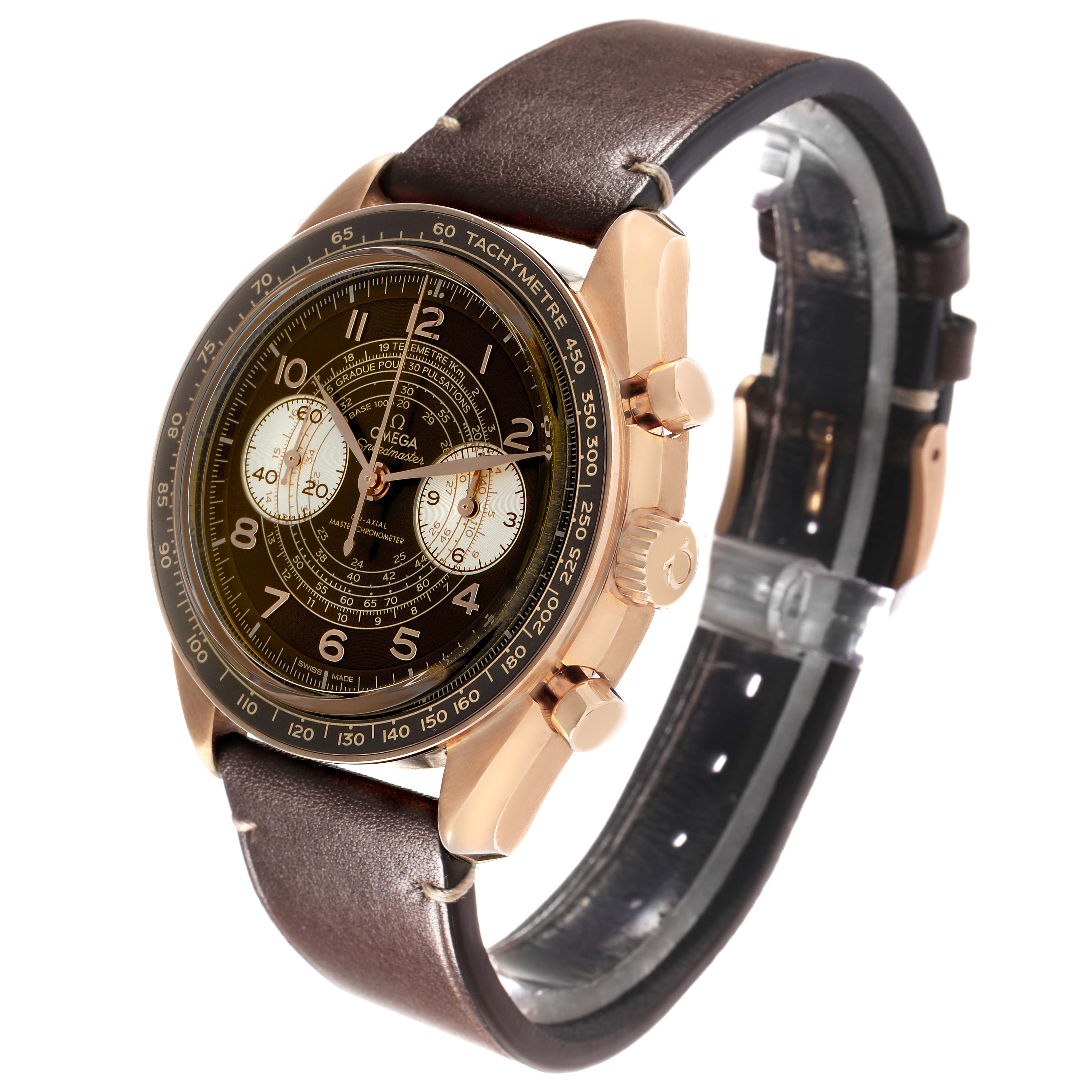 The Omega Speedmaster 329.92.43.51.10.001 Men's Rose Gold Brown Dial watch is shown at an angled side view, highlighting the face, bezel, crown, and leather strap.