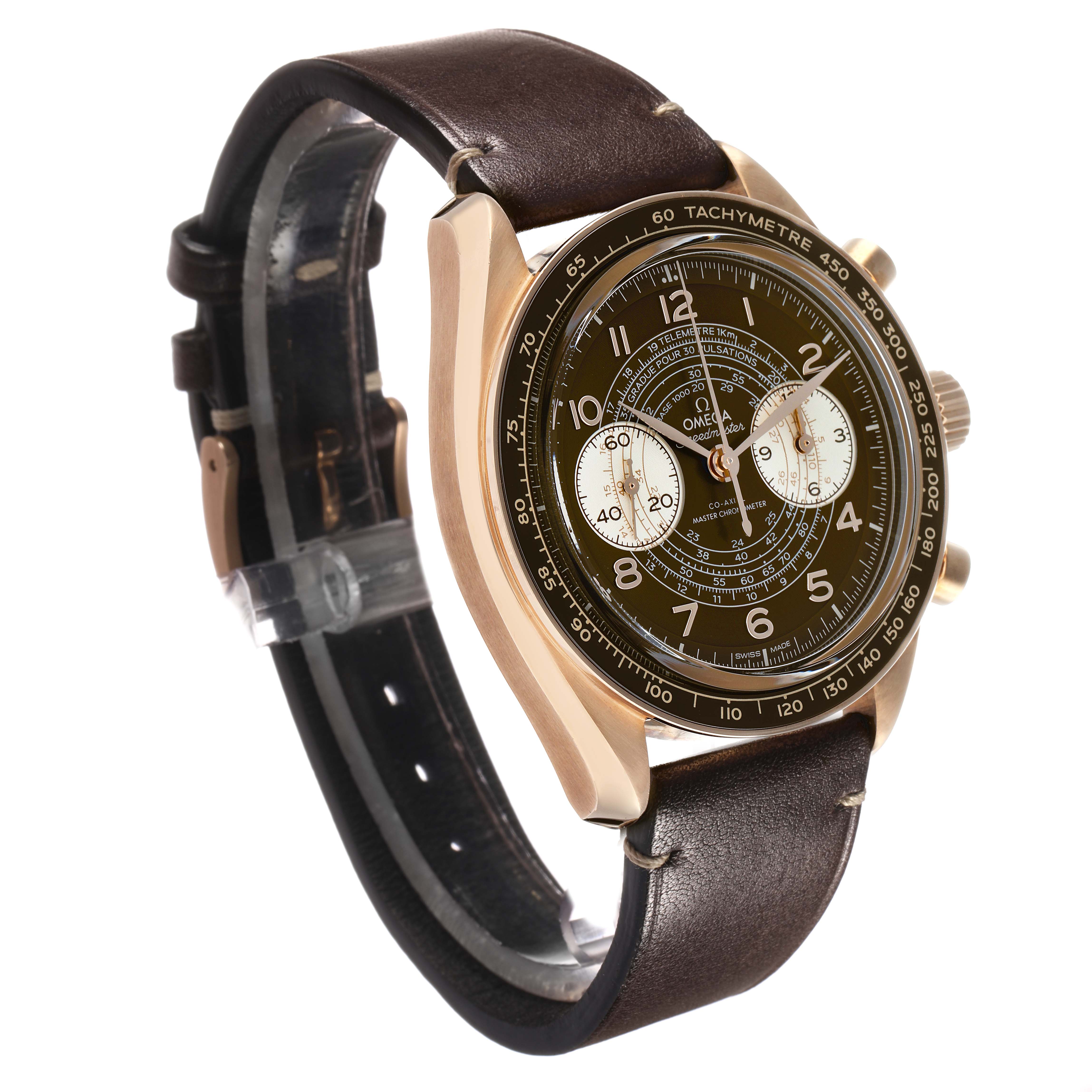 The Omega Speedmaster 329.92.43.51.10.001 Men's Rose Gold Brown Dial watch is shown at an angle highlighting the dial, bezel, sub-dials, and leather strap.