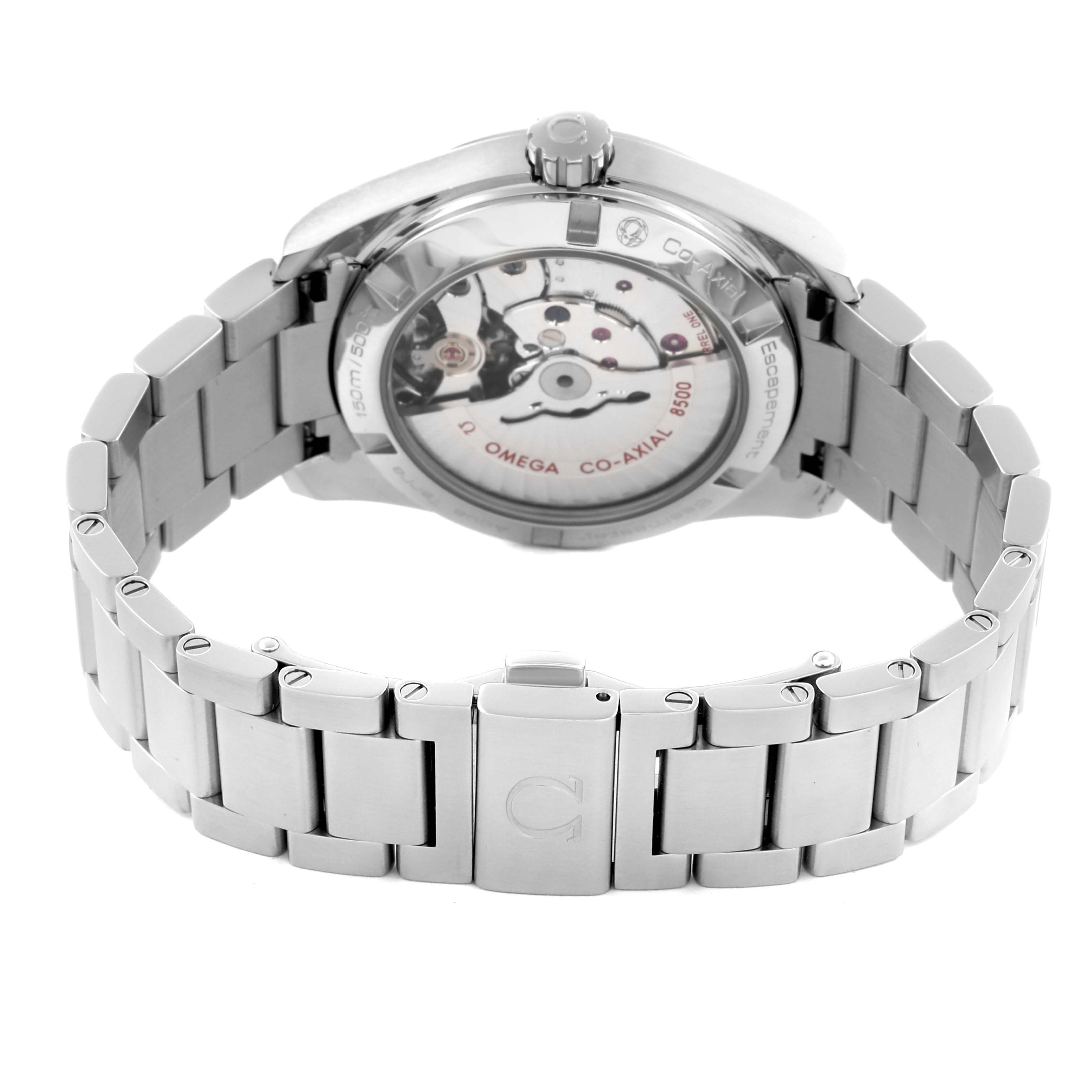 The Omega Aqua Terra 231.10.39.21.01.001 Men's Stainless Steel Black Dial 231.10.39.21.01.001 Men's Stainless Steel Black Dial watch is shown from the back, highlighting its bracelet and visible movement.