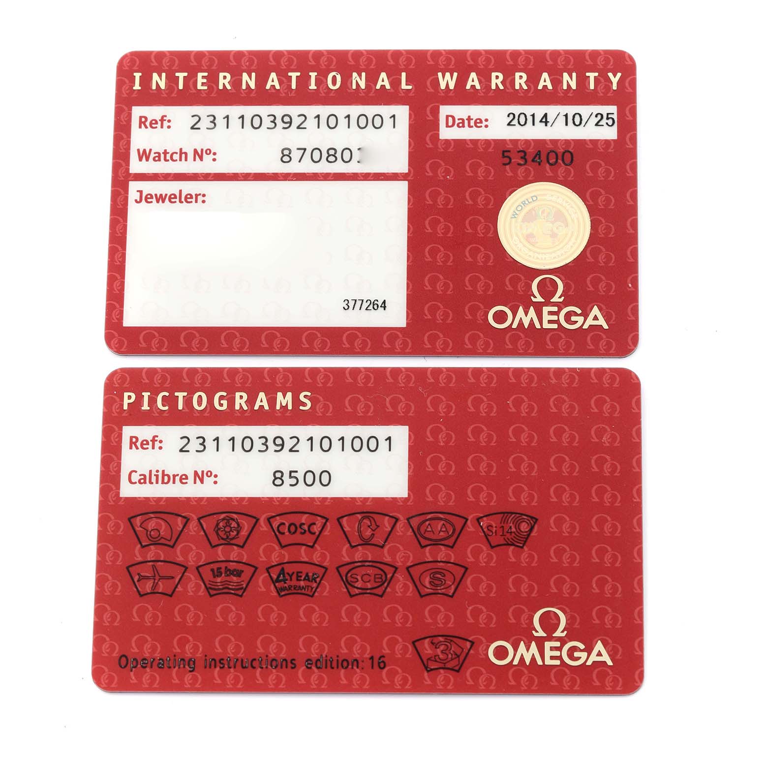 The image shows the international warranty and pictograms cards for an Omega Aqua Terra 231.10.39.21.01.001 Men's Stainless Steel Black Dial 231.10.39.21.01.001 Men's Stainless Steel Black Dial watch.