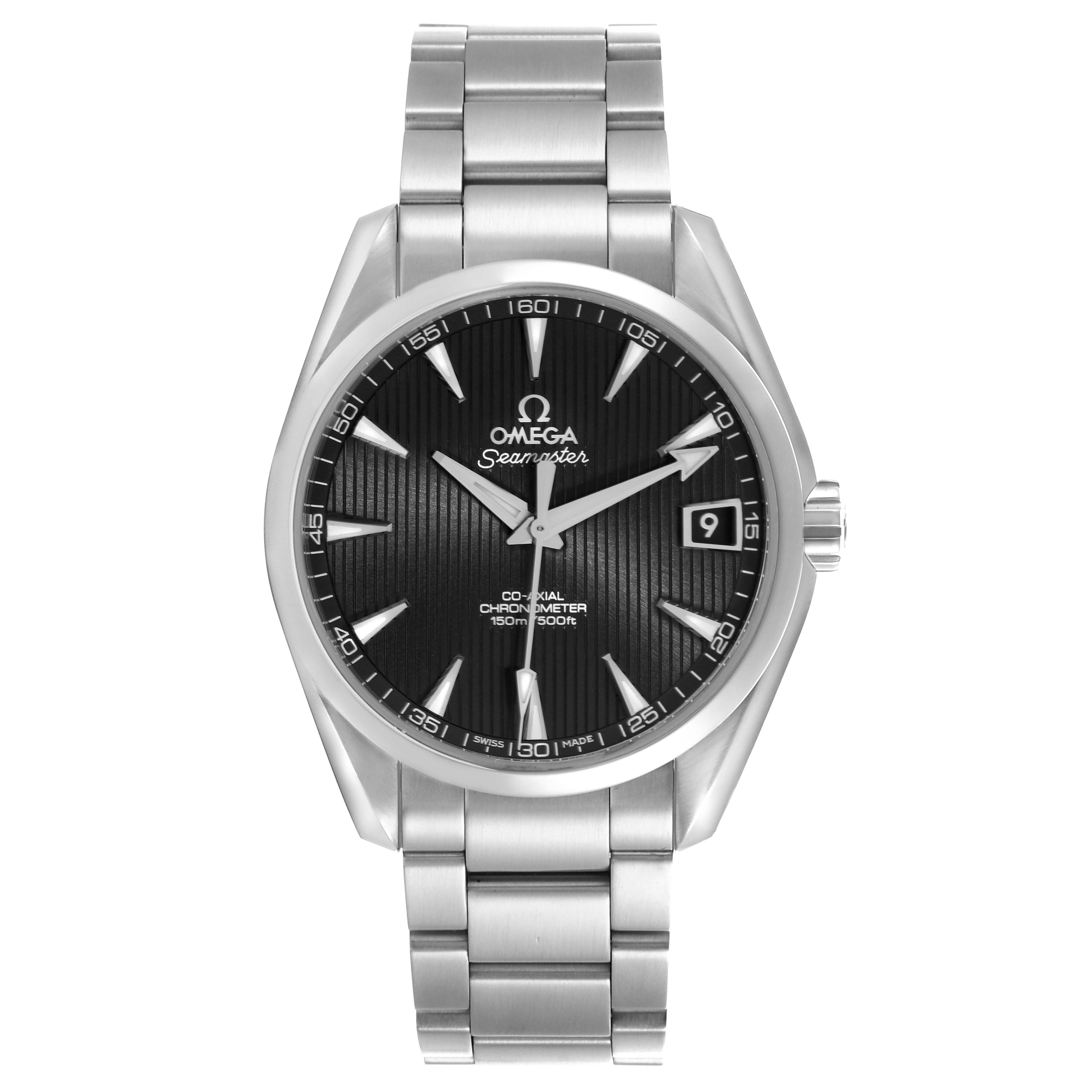 The image shows a front view of an Omega Aqua Terra 231.10.39.21.01.001 Men's Stainless Steel Black Dial 231.10.39.21.01.001 Men's Stainless Steel Black Dial watch, highlighting the dial, bezel, case, and bracelet.