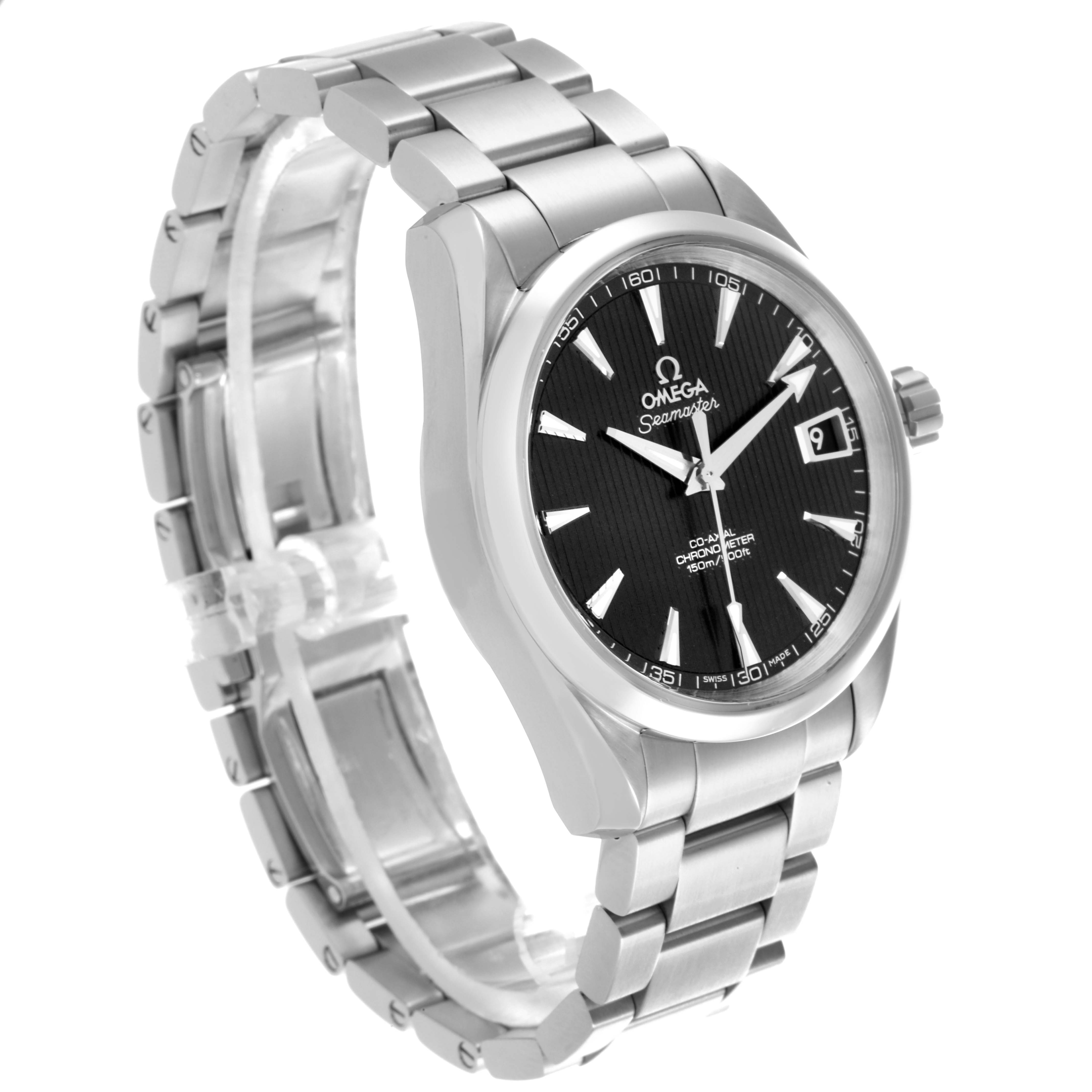 The Omega Aqua Terra 231.10.39.21.01.001 Men's Stainless Steel Black Dial 231.10.39.21.01.001 Men's Stainless Steel Black Dial watch is shown at a three-quarter angle highlighting the face, bezel, and metal bracelet.