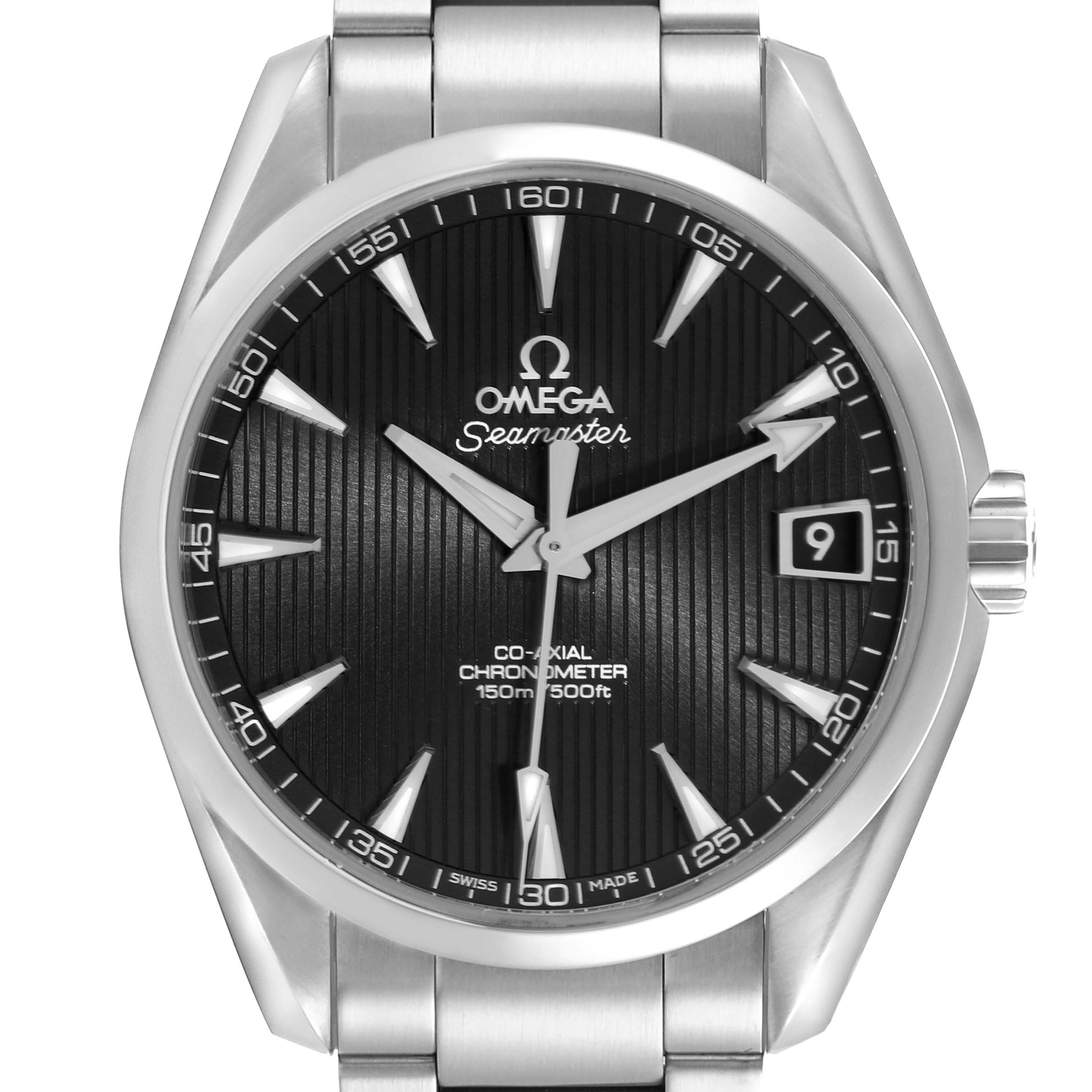 The Omega Aqua Terra 231.10.39.21.01.001 Men's Stainless Steel Black Dial 231.10.39.21.01.001 Men's Stainless Steel Black Dial watch is shown from the front, displaying the face, bezel, and part of the bracelet.