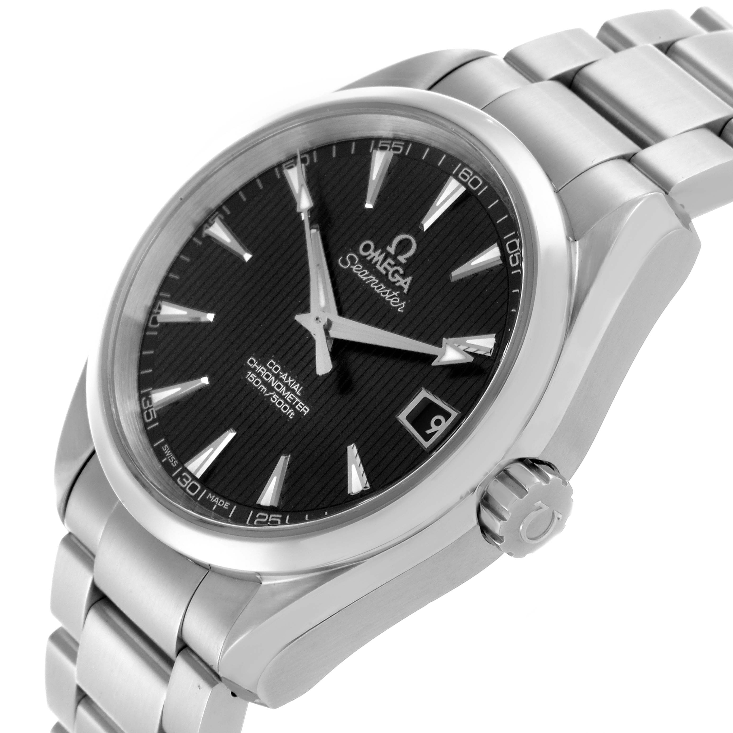 The Omega Aqua Terra 231.10.39.21.01.001 Men's Stainless Steel Black Dial 231.10.39.21.01.001 Men's Stainless Steel Black Dial watch is shown at a three-quarter angle, displaying the dial, bezel, crown, and part of the bracelet.