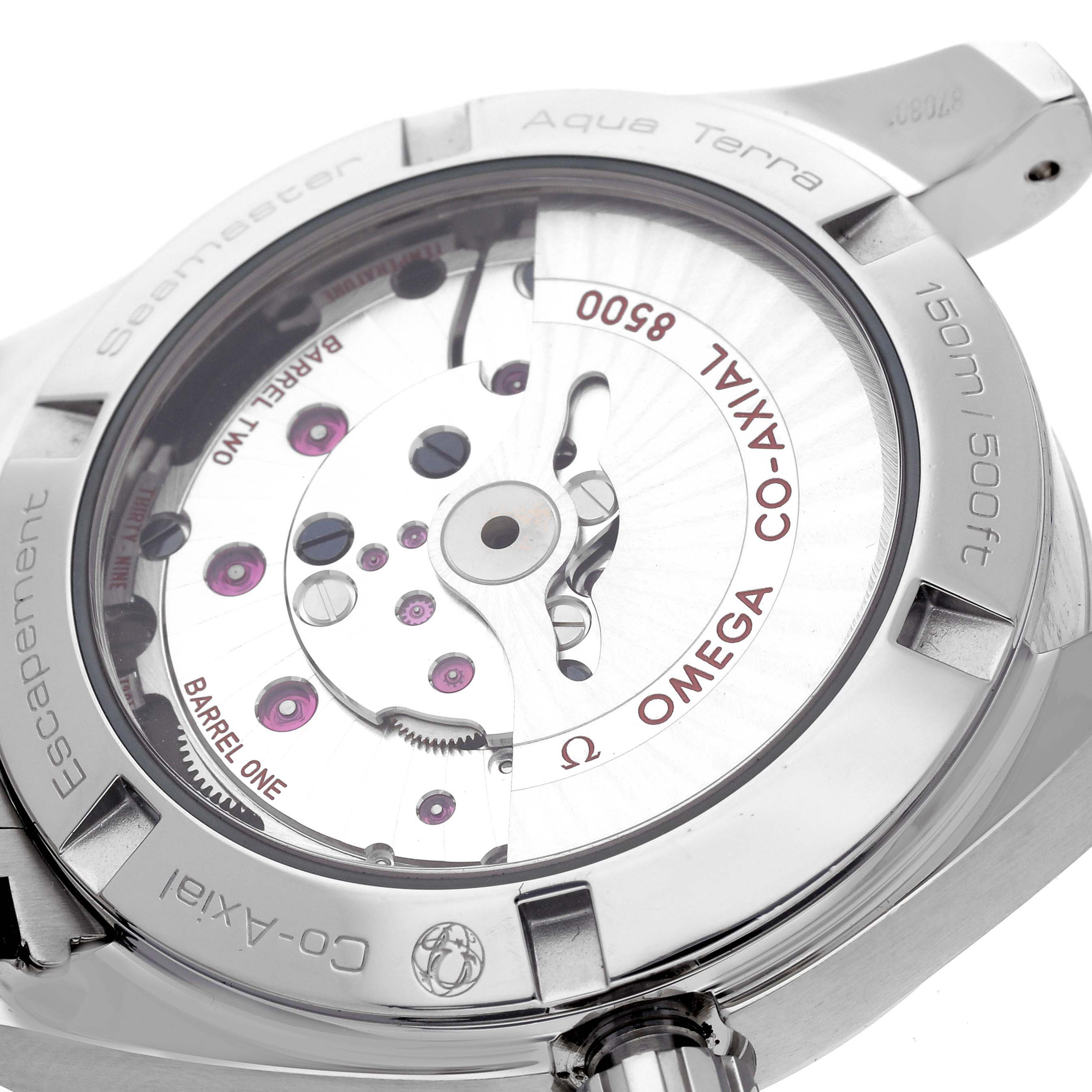 The Omega Aqua Terra 231.10.39.21.01.001 Men's Stainless Steel Black Dial 231.10.39.21.01.001 Men's Stainless Steel Black Dial watch is shown from the back, displaying its intricate movement and Co-Axial escapement.