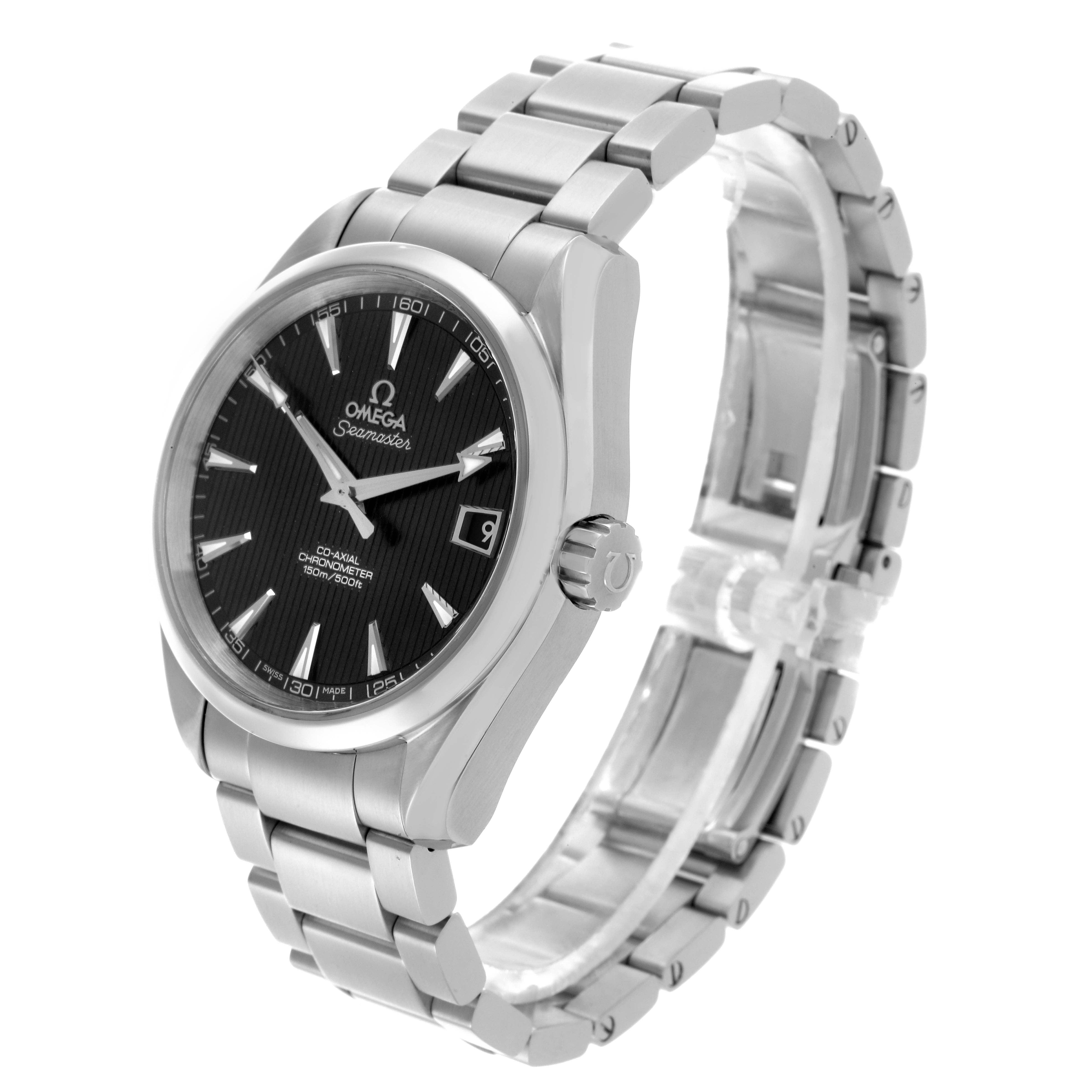 The Omega Aqua Terra 231.10.39.21.01.001 Men's Stainless Steel Black Dial 231.10.39.21.01.001 Men's Stainless Steel Black Dial watch is shown at a three-quarter angle featuring its face, crown, and bracelet.