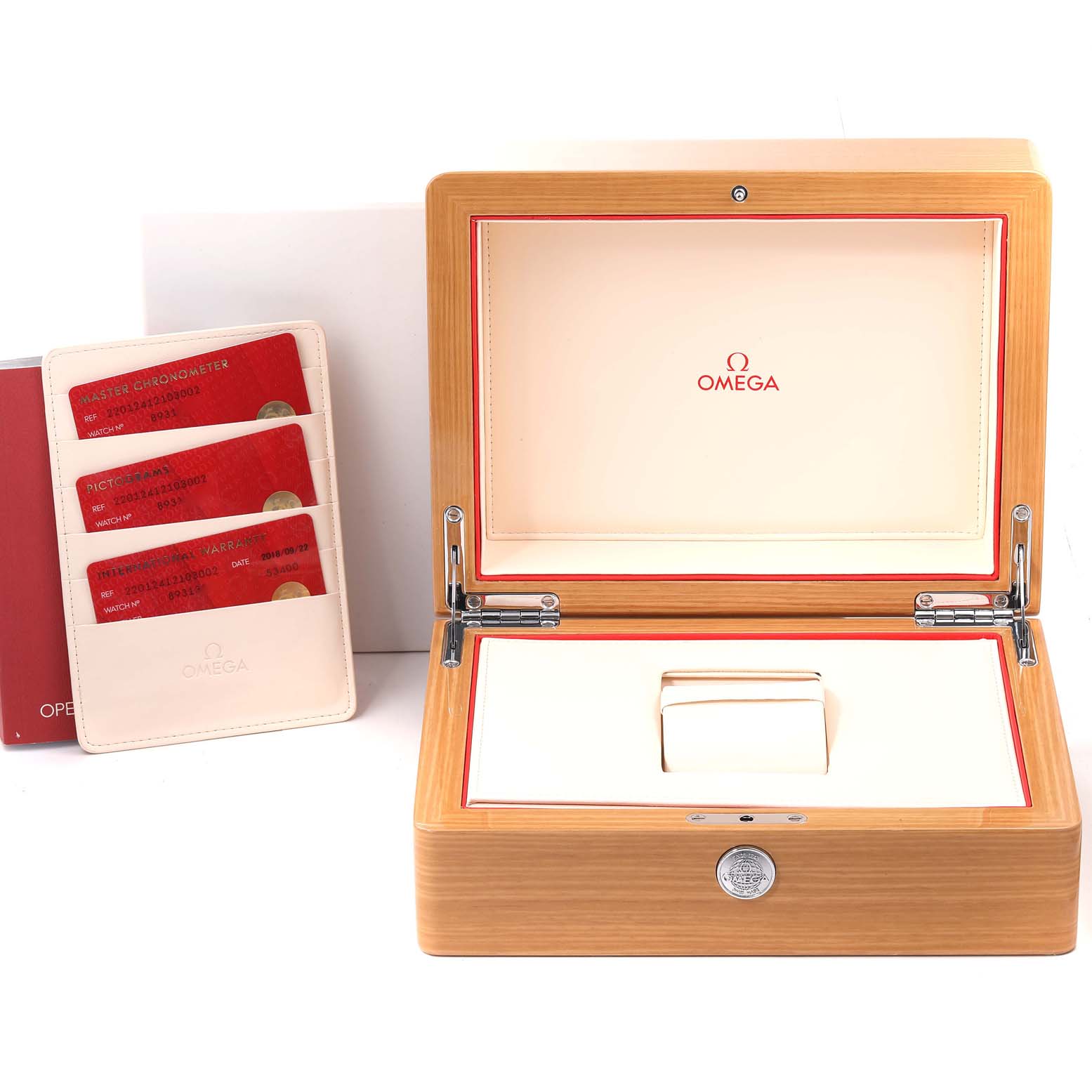 The image shows an open Omega Aqua Terra 220.12.41.21.03.002 Men's Stainless Steel Blue Dial 220.12.41.21.03.002 Men's Stainless Steel Blue Dial watch box, including warranty cards and an instruction booklet.