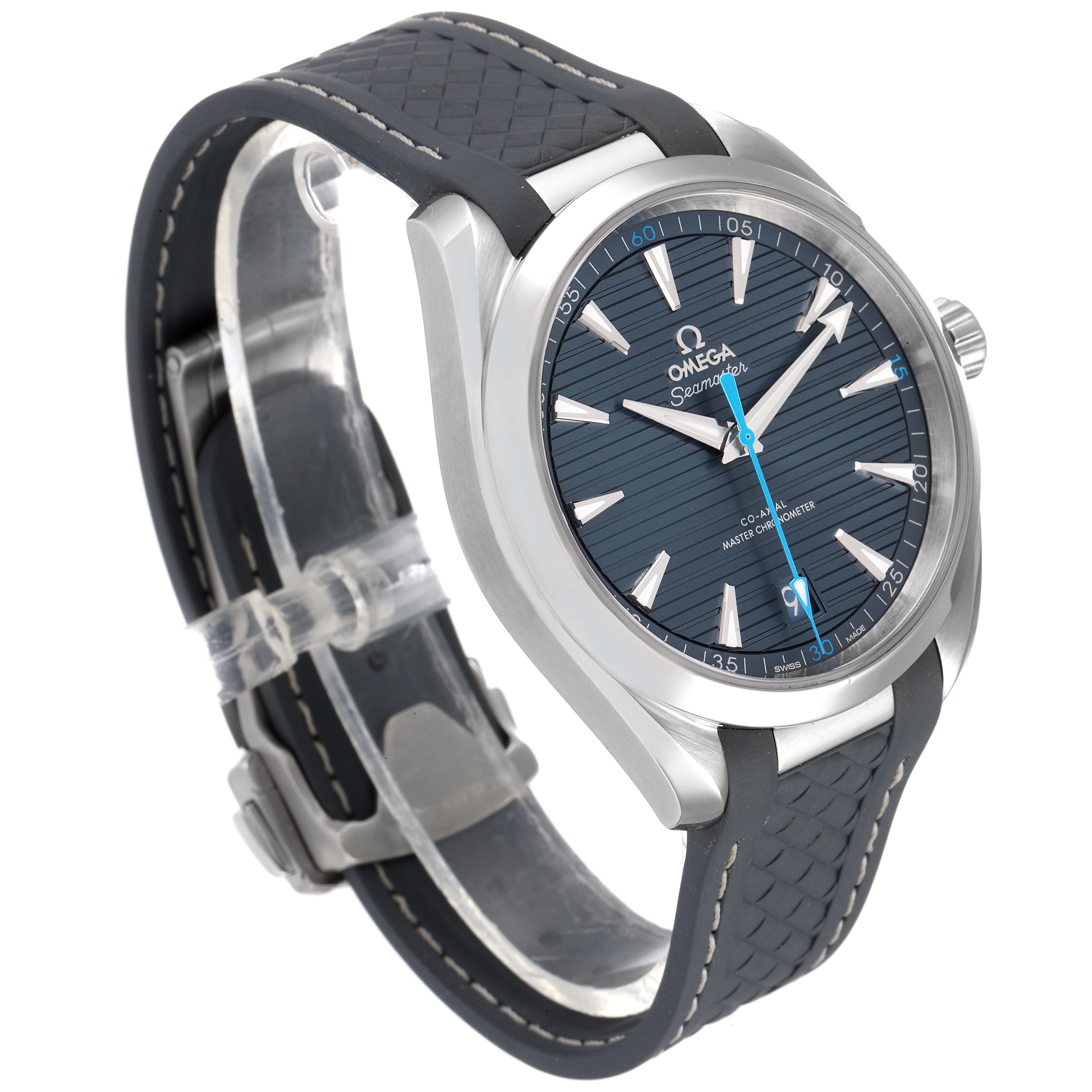 The Omega Aqua Terra 220.12.41.21.03.002 Men's Stainless Steel Blue Dial 220.12.41.21.03.002 Men's Stainless Steel Blue Dial watch is shown from a three-quarter angle highlighting its face, side profile, and strap.