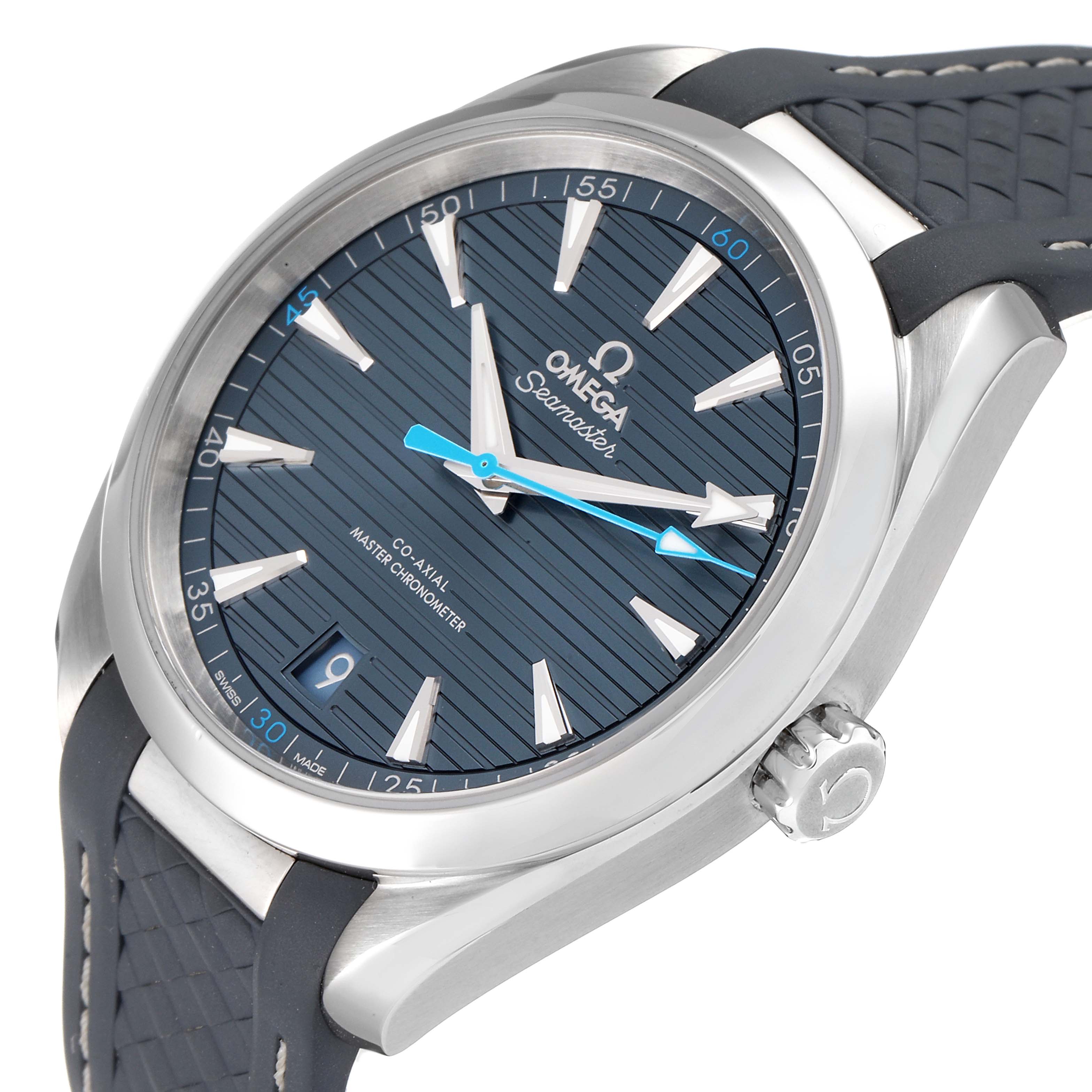 The image shows an angled view of the Omega Seamaster Aqua Terra watch, highlighting its dial, bezel, crown, and strap.