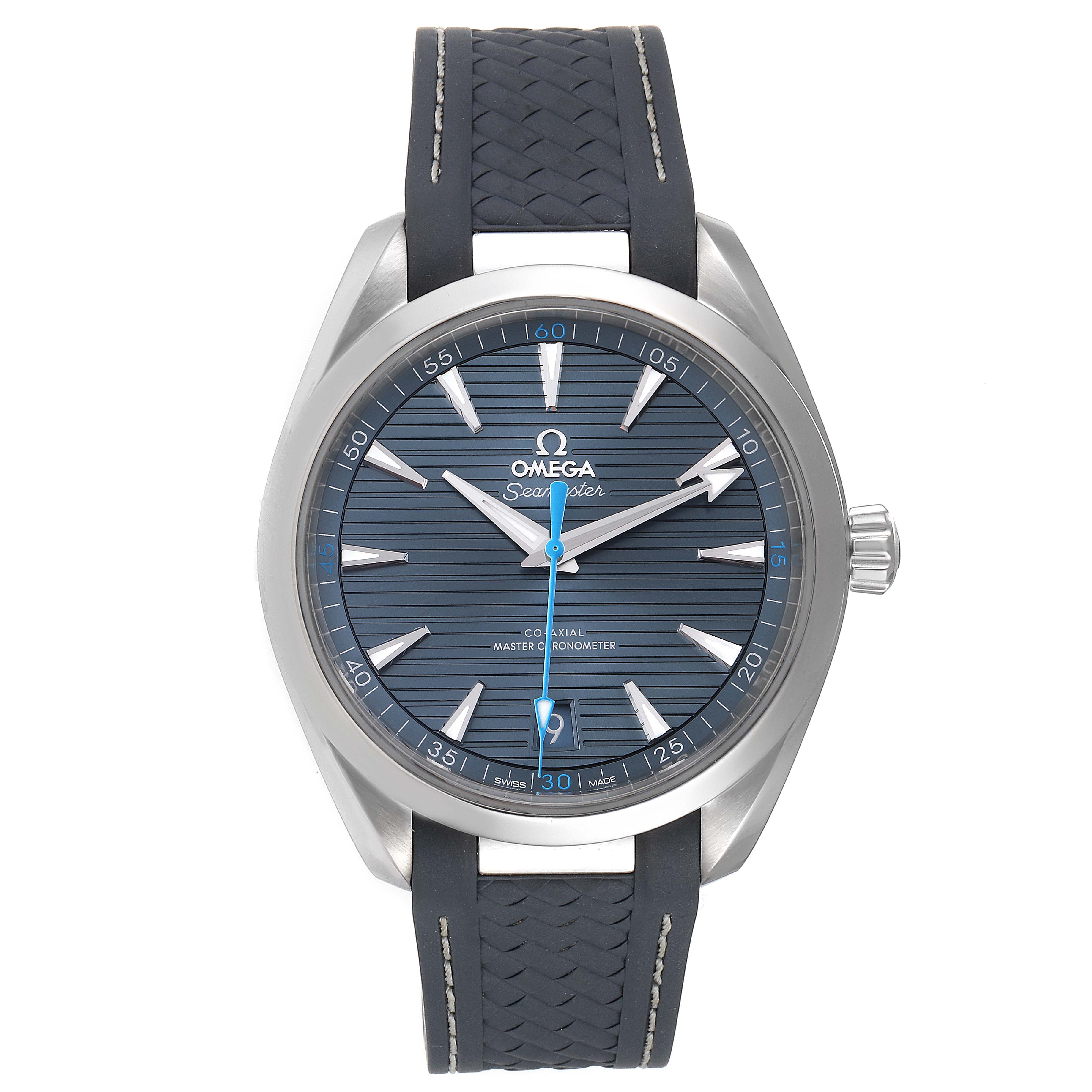 The image shows a front view of the Omega Aqua Terra 220.12.41.21.03.002 Men's Stainless Steel Blue Dial 220.12.41.21.03.002 Men's Stainless Steel Blue Dial watch, featuring the dial, bezel, and strap.