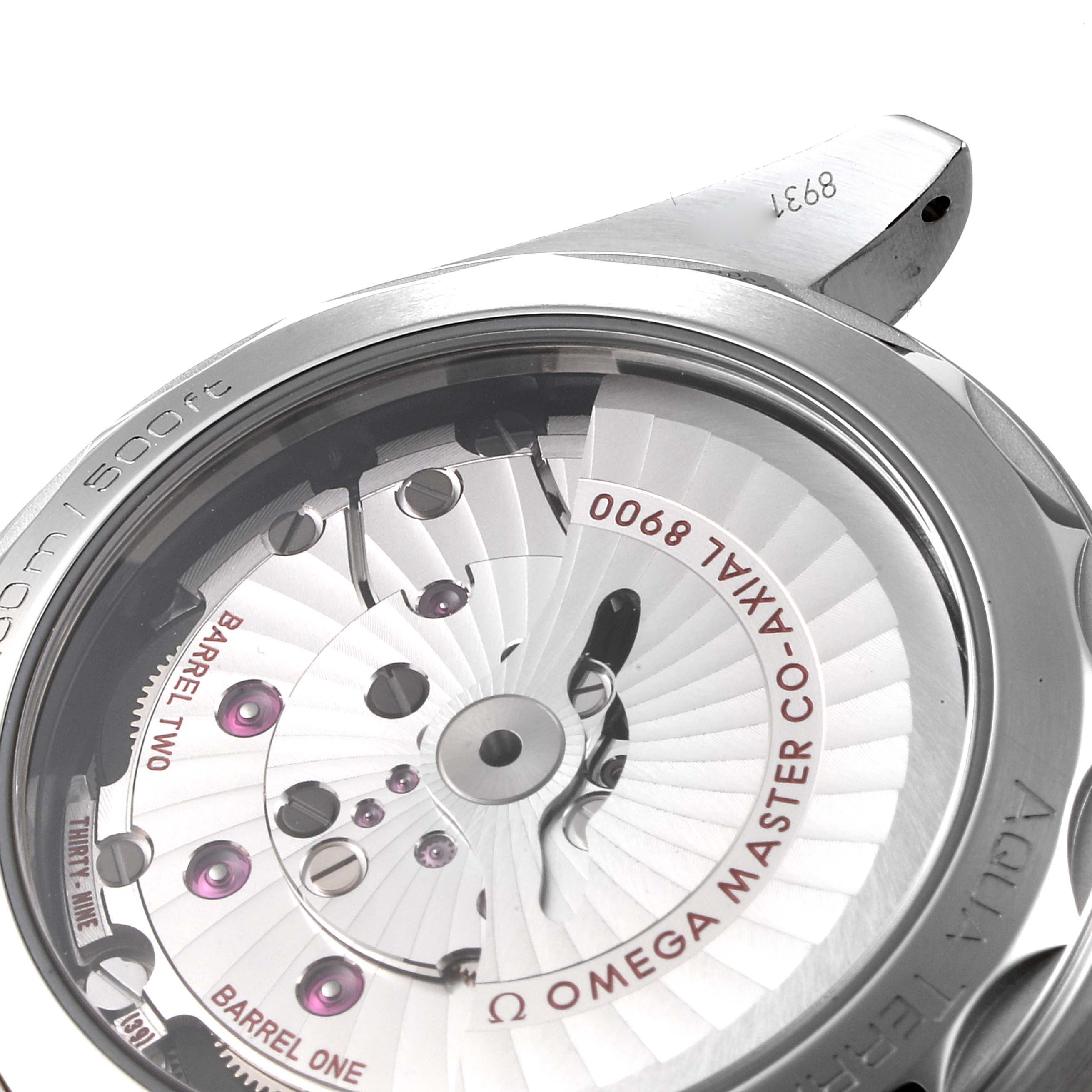 The image shows the back view of the Omega Aqua Terra 220.12.41.21.03.002 Men's Stainless Steel Blue Dial 220.12.41.21.03.002 Men's Stainless Steel Blue Dial watch, highlighting its Co-Axial Master Chronometer movement.