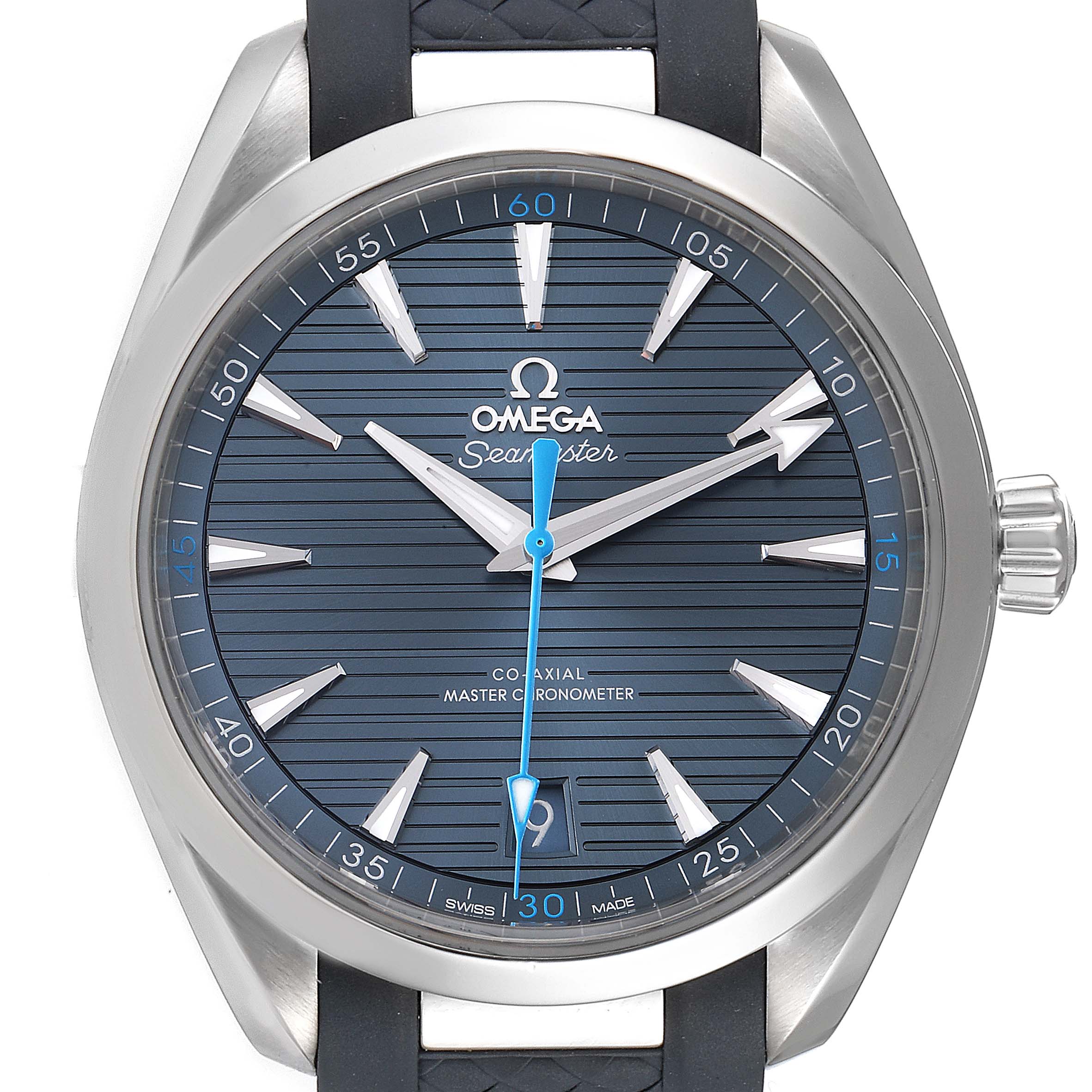 The image shows a front view of the Omega Aqua Terra 220.12.41.21.03.002 Men's Stainless Steel Blue Dial 220.12.41.21.03.002 Men's Stainless Steel Blue Dial watch, highlighting its dial, bezel, hands, and crown.
