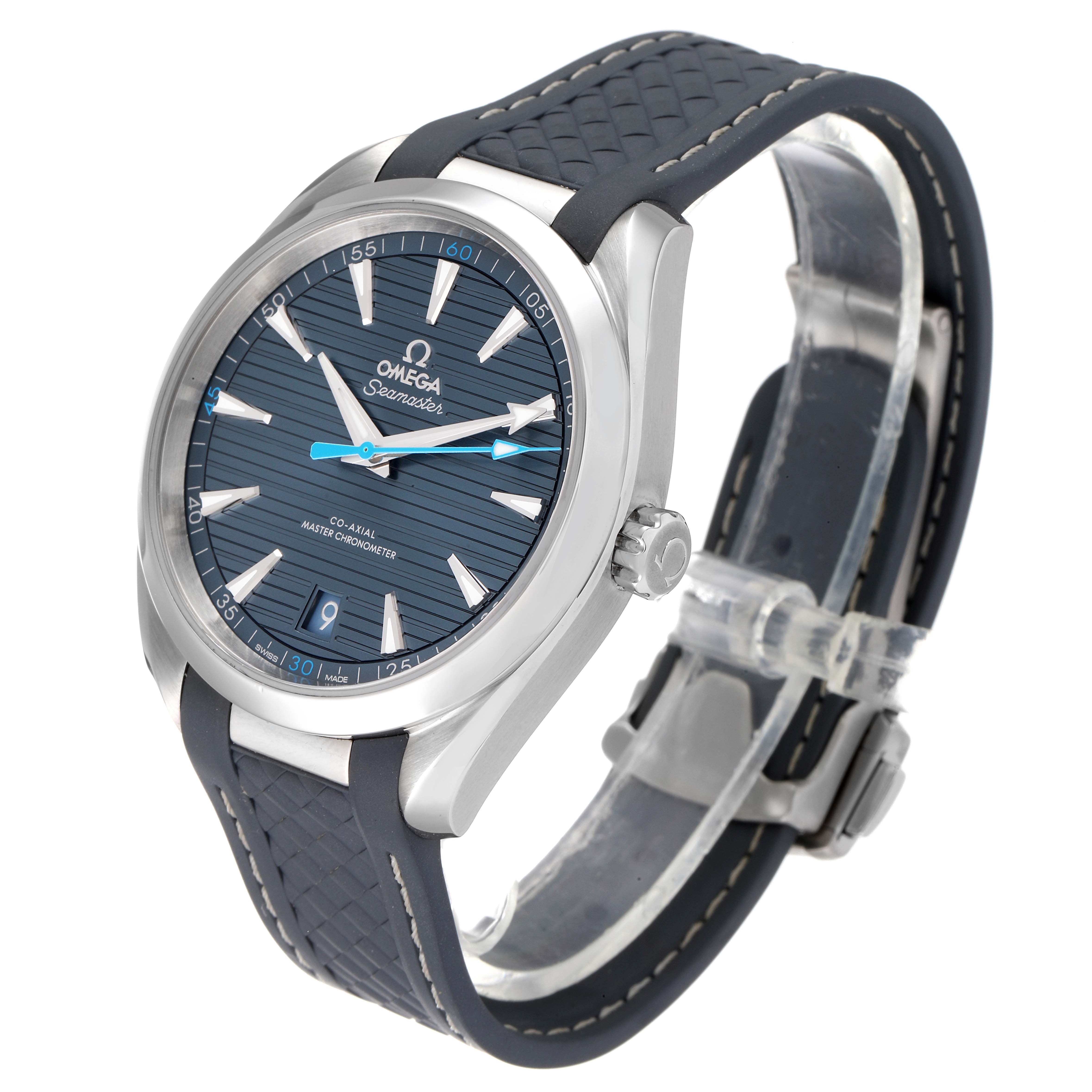 The image shows an Omega Aqua Terra 220.12.41.21.03.002 Men's Stainless Steel Blue Dial 220.12.41.21.03.002 Men's Stainless Steel Blue Dial watch at a three-quarter angle, highlighting its face, bezel, case, and rubber strap.