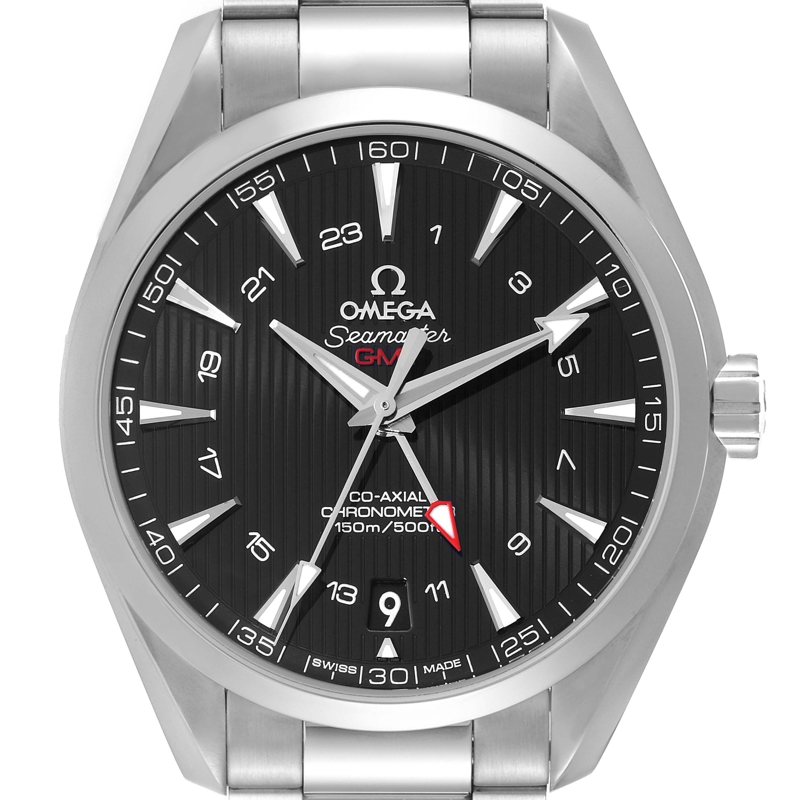 The image shows a front view of the Omega Aqua Terra 231.10.43.22.01.001 Men's Stainless Steel Black Dial 231.10.43.22.01.001 Men's Stainless Steel Black Dial watch, highlighting its dial, hands, markers, and date window.