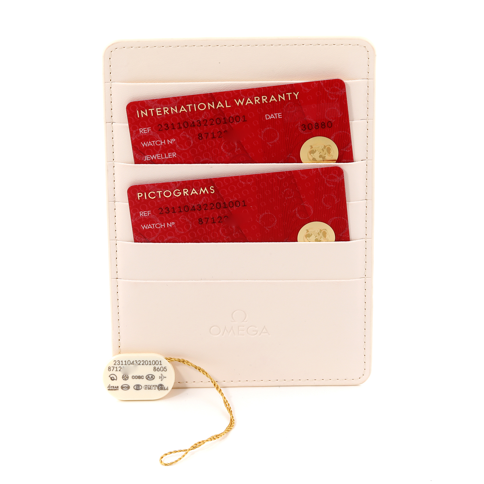 The image shows the warranty and pictogram cards for the Omega Aqua Terra 231.10.43.22.01.001 Men's Stainless Steel Black Dial 231.10.43.22.01.001 Men's Stainless Steel Black Dial model along with a string tag.