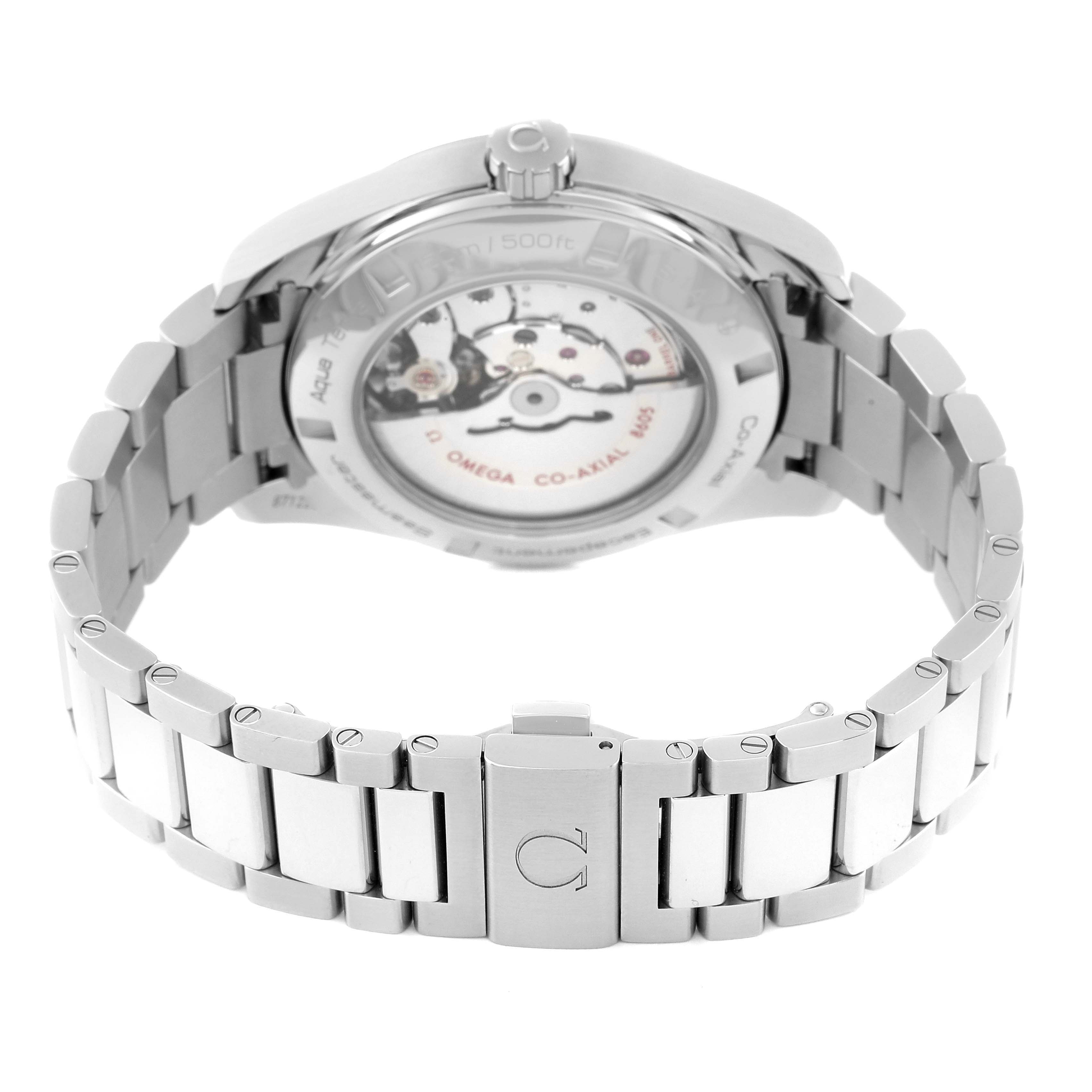 The image shows the back and bracelet of an Omega Aqua Terra 231.10.43.22.01.001 Men's Stainless Steel Black Dial 231.10.43.22.01.001 Men's Stainless Steel Black Dial watch at a slight angle, highlighting the movement and clasp.