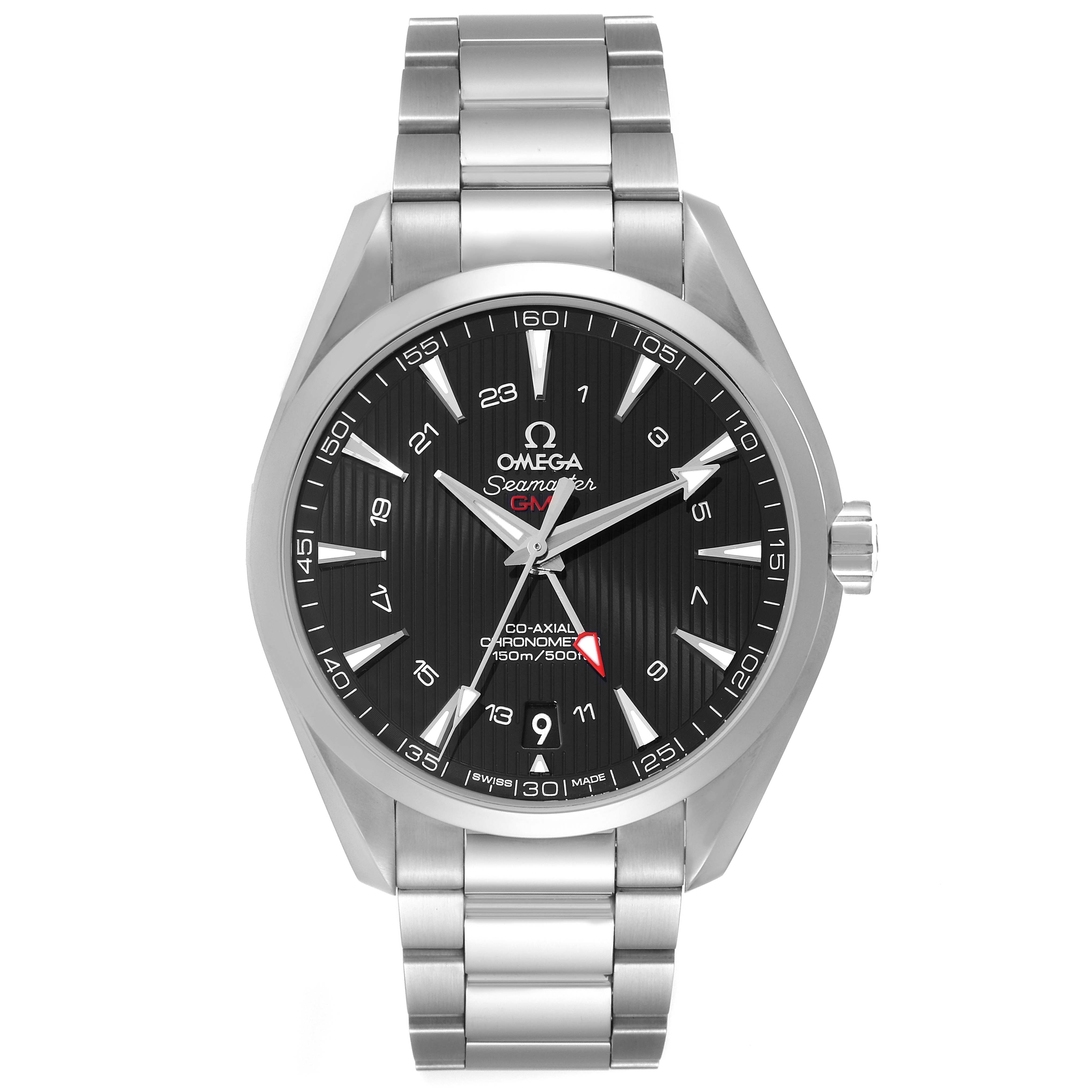 This image shows a front view of the Omega Aqua Terra 231.10.43.22.01.001 Men's Stainless Steel Black Dial 231.10.43.22.01.001 Men's Stainless Steel Black Dial watch, highlighting the black dial, stainless steel bracelet, and bezel.