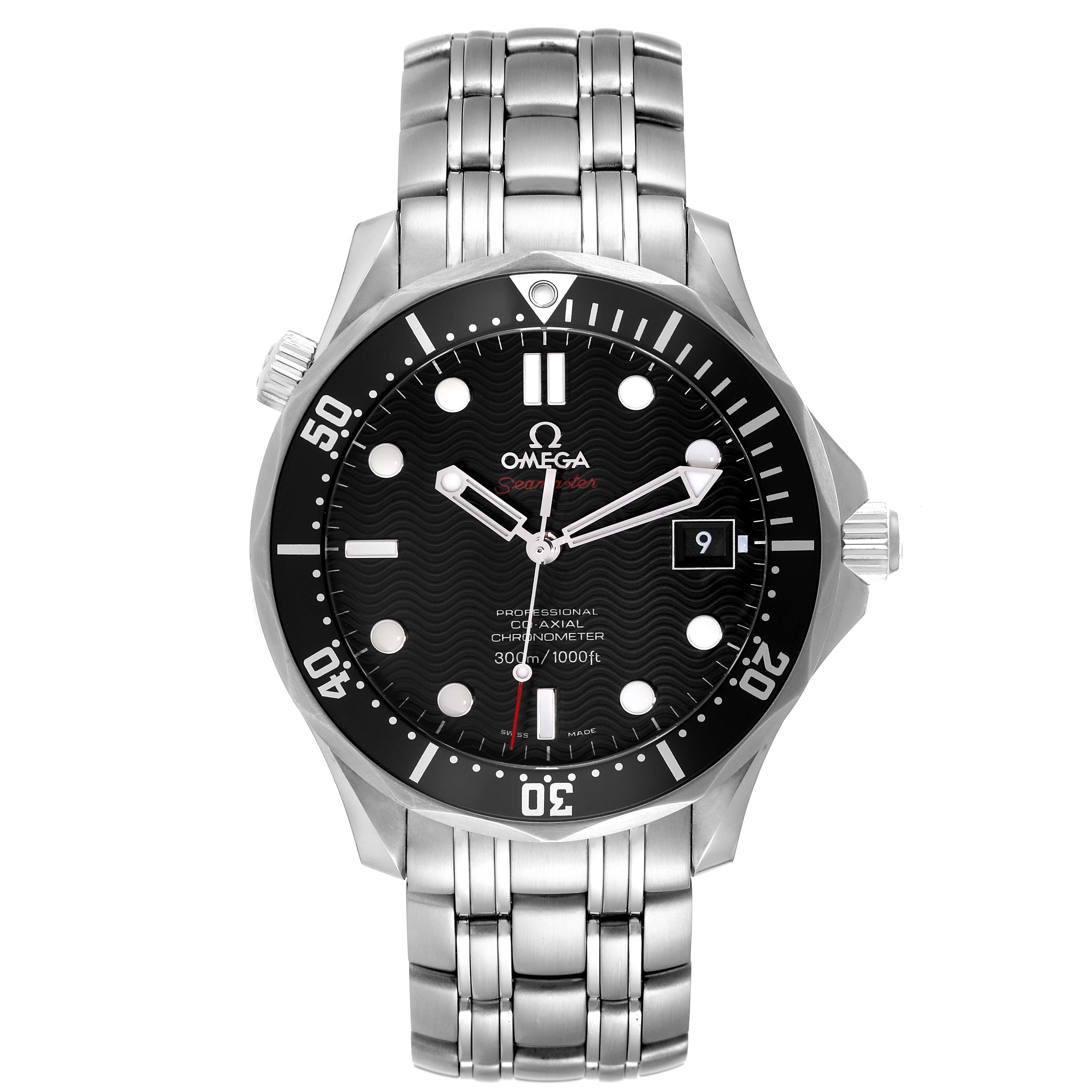 The Omega Seamaster 212.30.41.20.01.002 Men's Stainless Steel Black Dial 212.30.41.20.01.002 Men's Stainless Steel Black Dial watch is shown from a top-down angle, highlighting its face, bezel, and metal bracelet.