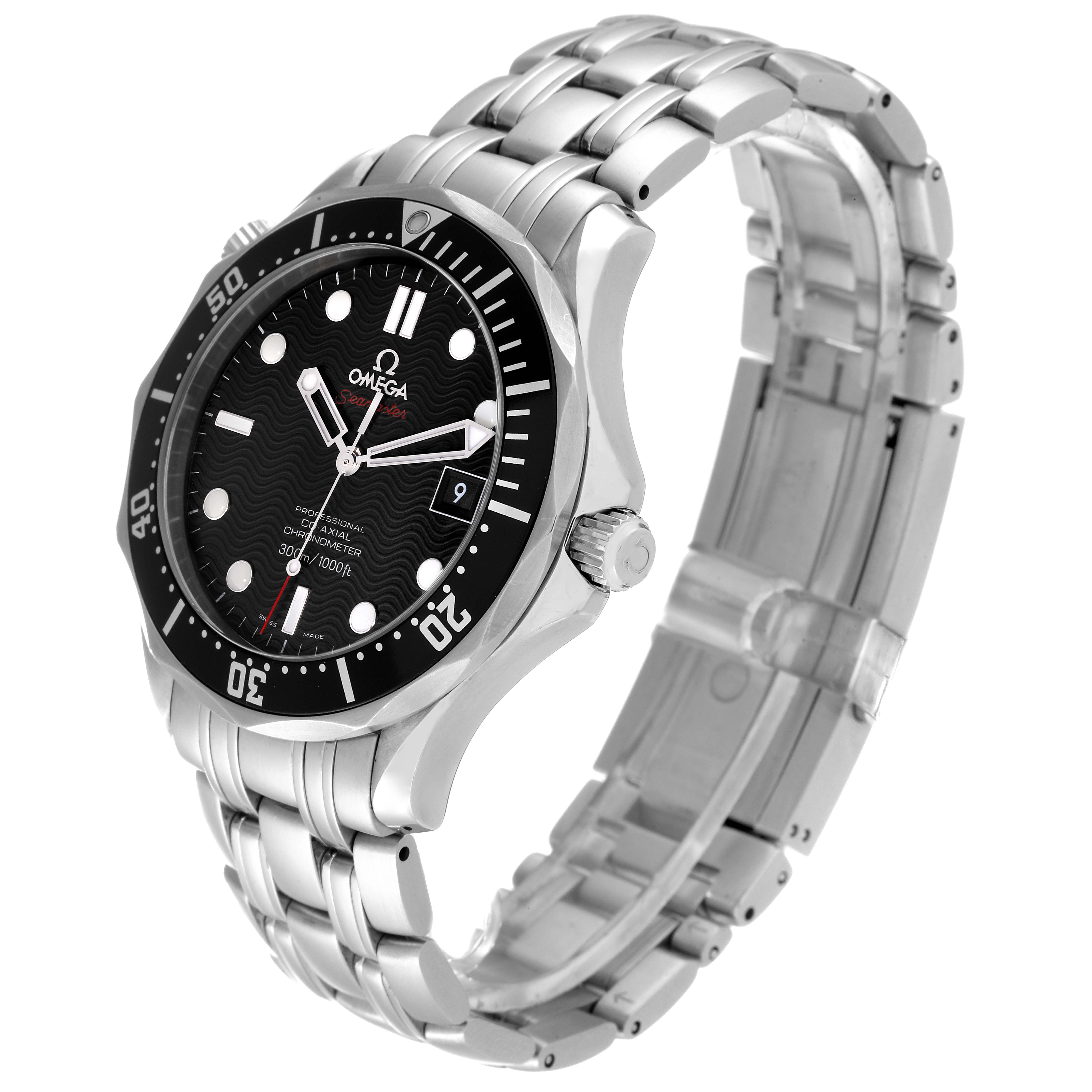 The Omega Seamaster 212.30.41.20.01.002 Men's Stainless Steel Black Dial 212.30.41.20.01.002 Men's Stainless Steel Black Dial watch is shown at a three-quarter angle, highlighting the dial, bezel, and bracelet.