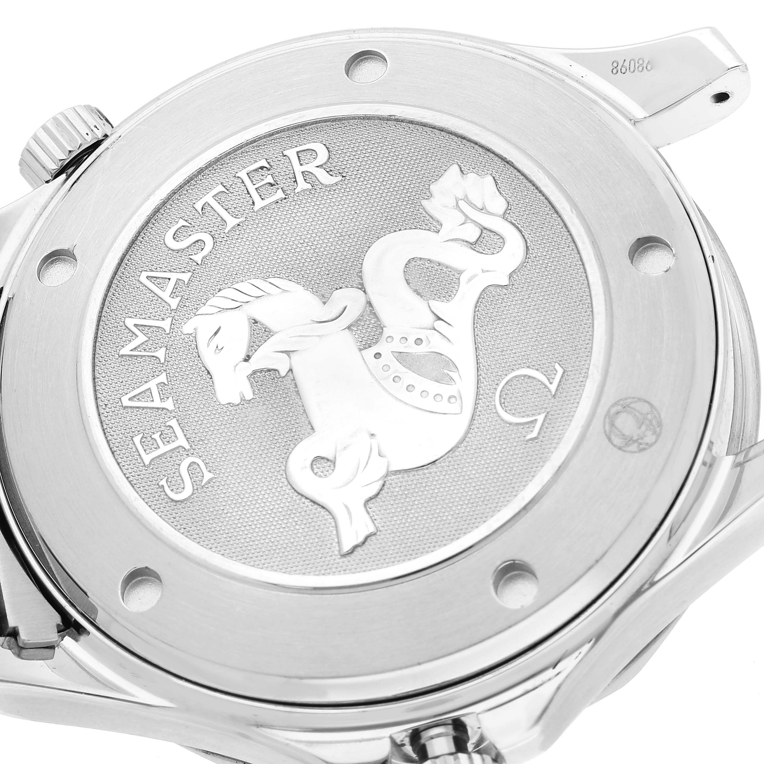 The image shows the case back of an Omega Seamaster 212.30.41.20.01.002 Men's Stainless Steel Black Dial 212.30.41.20.01.002 Men's Stainless Steel Black Dial watch with detailed engravings.