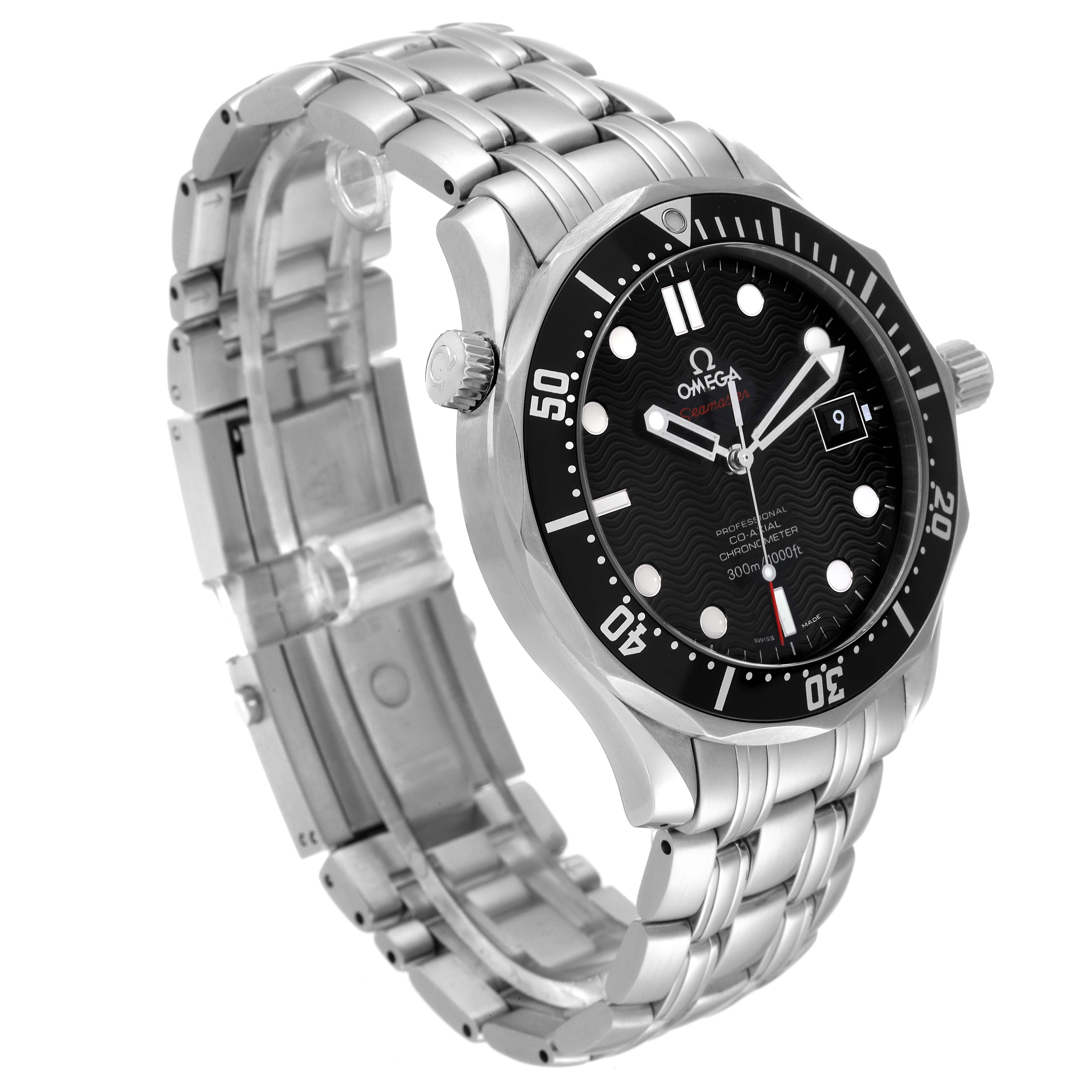 The Omega Seamaster 212.30.41.20.01.002 Men's Stainless Steel Black Dial 212.30.41.20.01.002 Men's Stainless Steel Black Dial watch is shown at a three-quarter angle, displaying its face, bezel, and stainless steel bracelet.