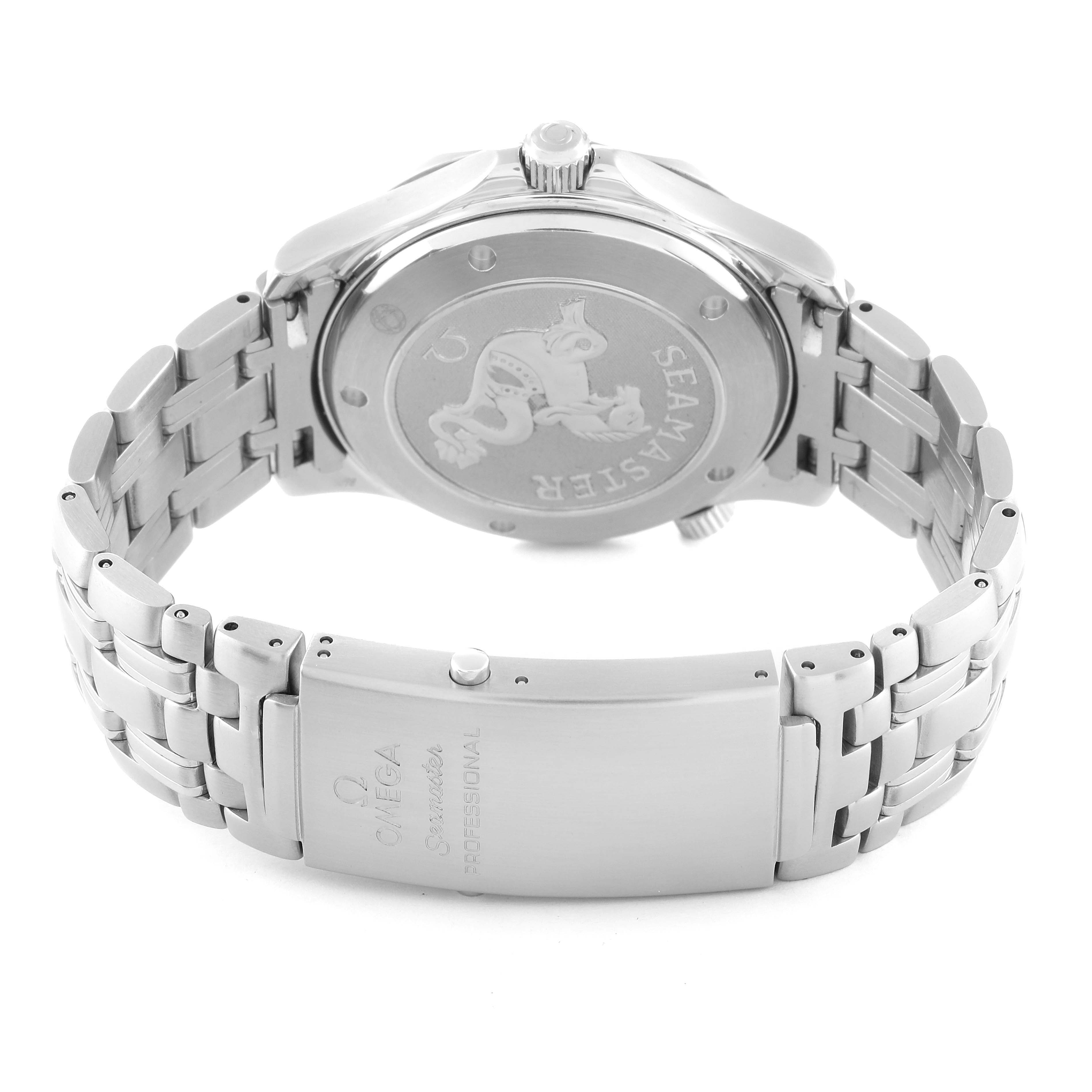 The image shows the back case and bracelet clasp of the Omega Seamaster 212.30.41.20.01.002 Men's Stainless Steel Black Dial 212.30.41.20.01.002 Men's Stainless Steel Black Dial watch, showcasing the engraved logo and branding.