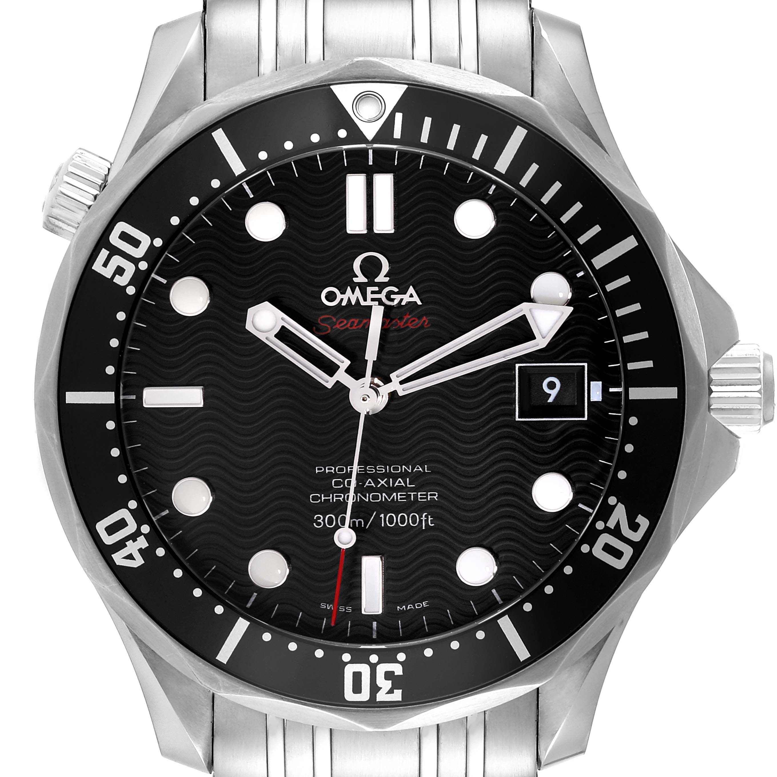 The image shows a front view of an Omega Seamaster 212.30.41.20.01.002 Men's Stainless Steel Black Dial 212.30.41.20.01.002 Men's Stainless Steel Black Dial watch, highlighting its black dial, bezel, hands, and date display.