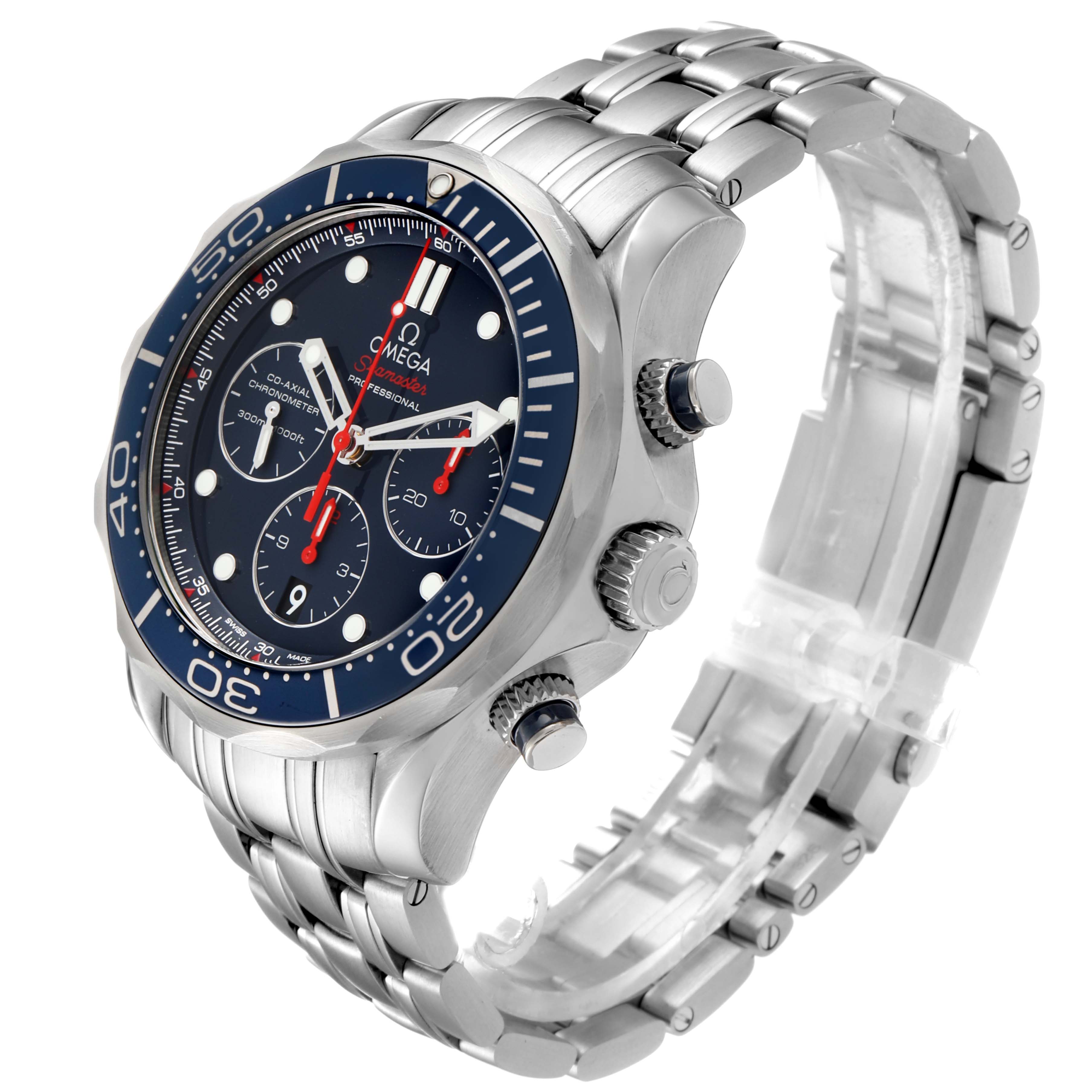 The image shows an angled view of the Omega Seamaster 212.30.44.50.03.001 Men
s Stainless Steel Blue Dial 212.30.44.50.03.001 Men
s Stainless Steel Blue Dial watch, highlighting its face, bezel, crown, push buttons, and metal bracelet.