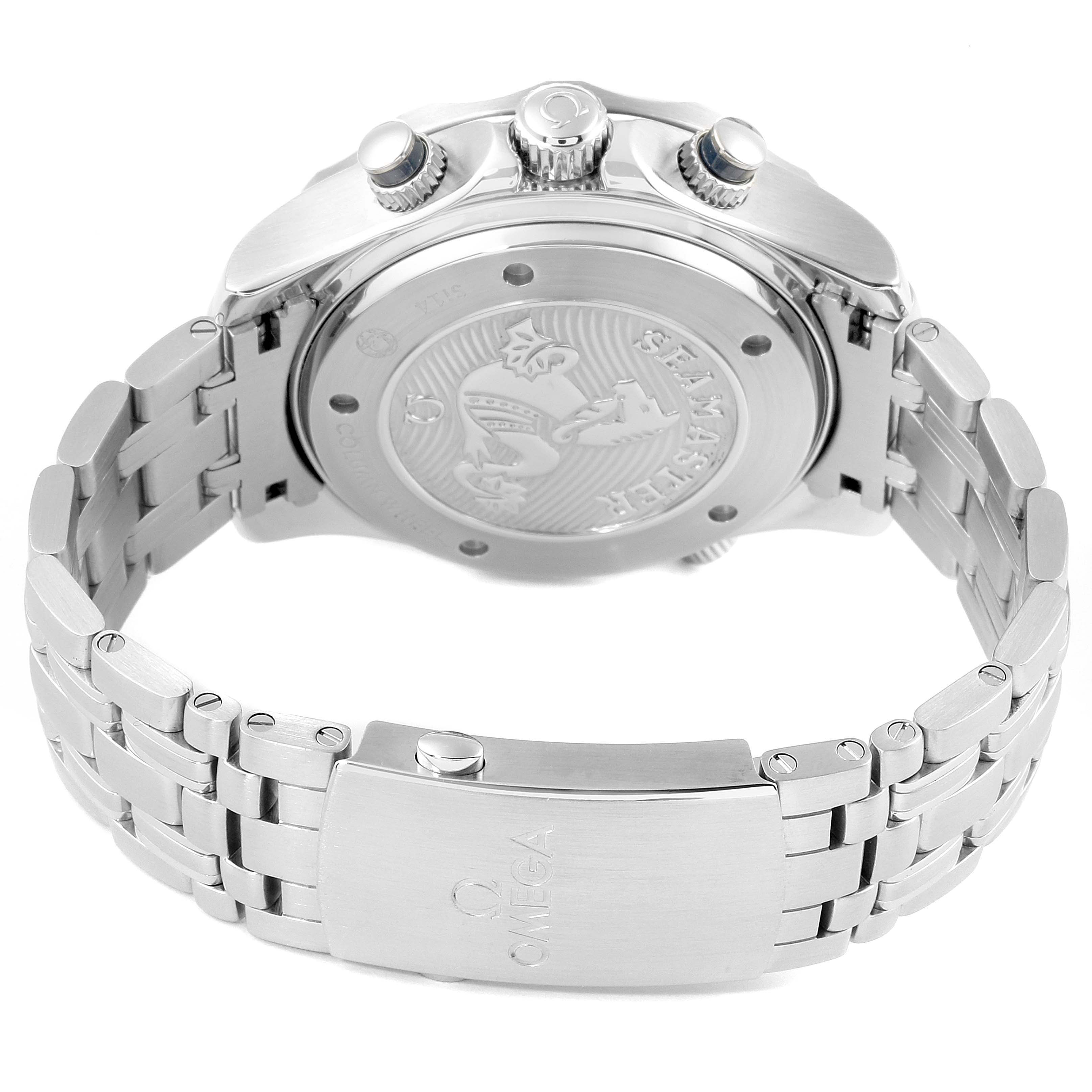 The image shows the back of an Omega Seamaster 212.30.44.50.03.001 Men
s Stainless Steel Blue Dial 212.30.44.50.03.001 Men
s Stainless Steel Blue Dial watch, highlighting the case back, crown, and stainless steel bracelet.