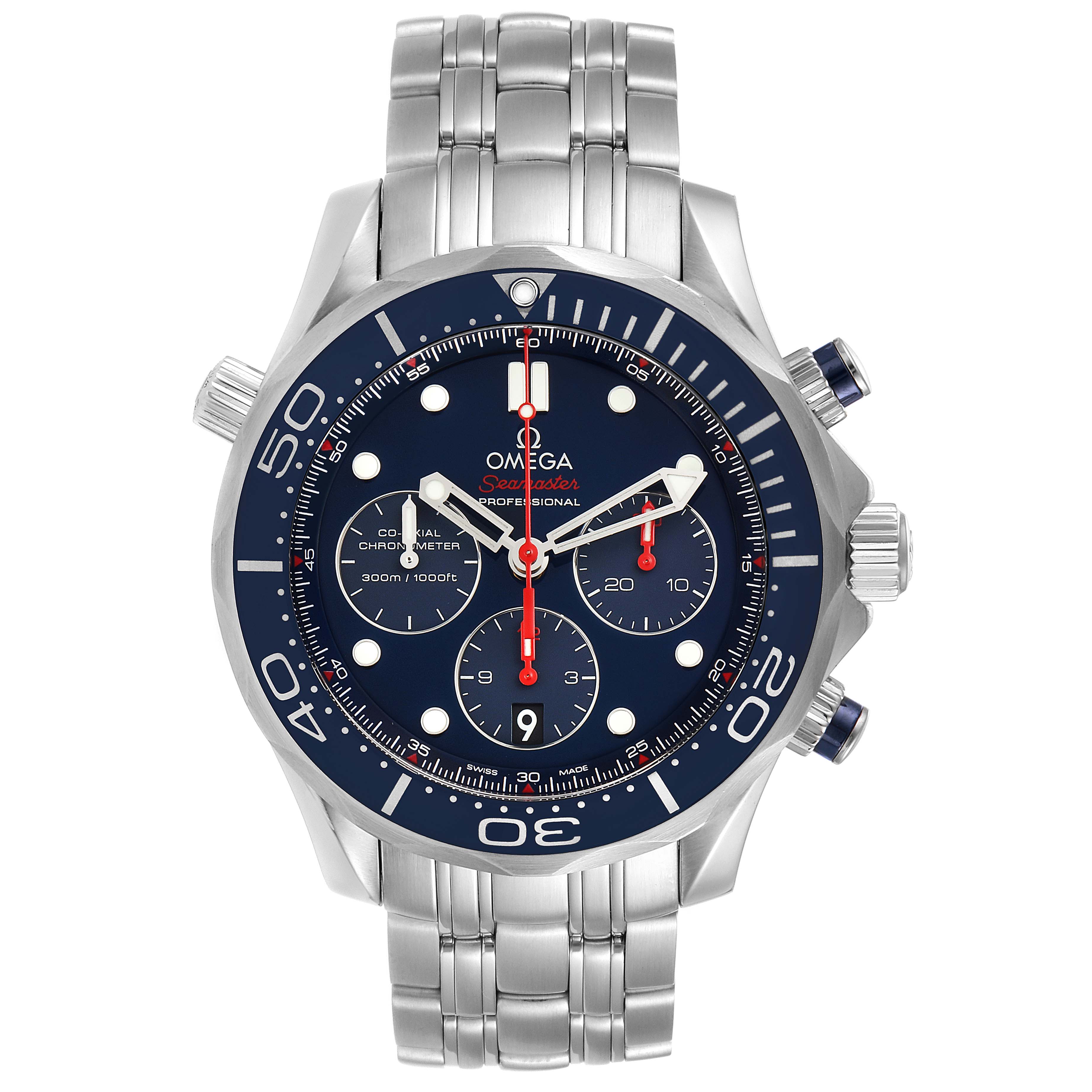 The image shows a front view of an Omega Seamaster 212.30.44.50.03.001 Men
s Stainless Steel Blue Dial 212.30.44.50.03.001 Men
s Stainless Steel Blue Dial watch, highlighting its dial, bezel, pushers, and bracelet.