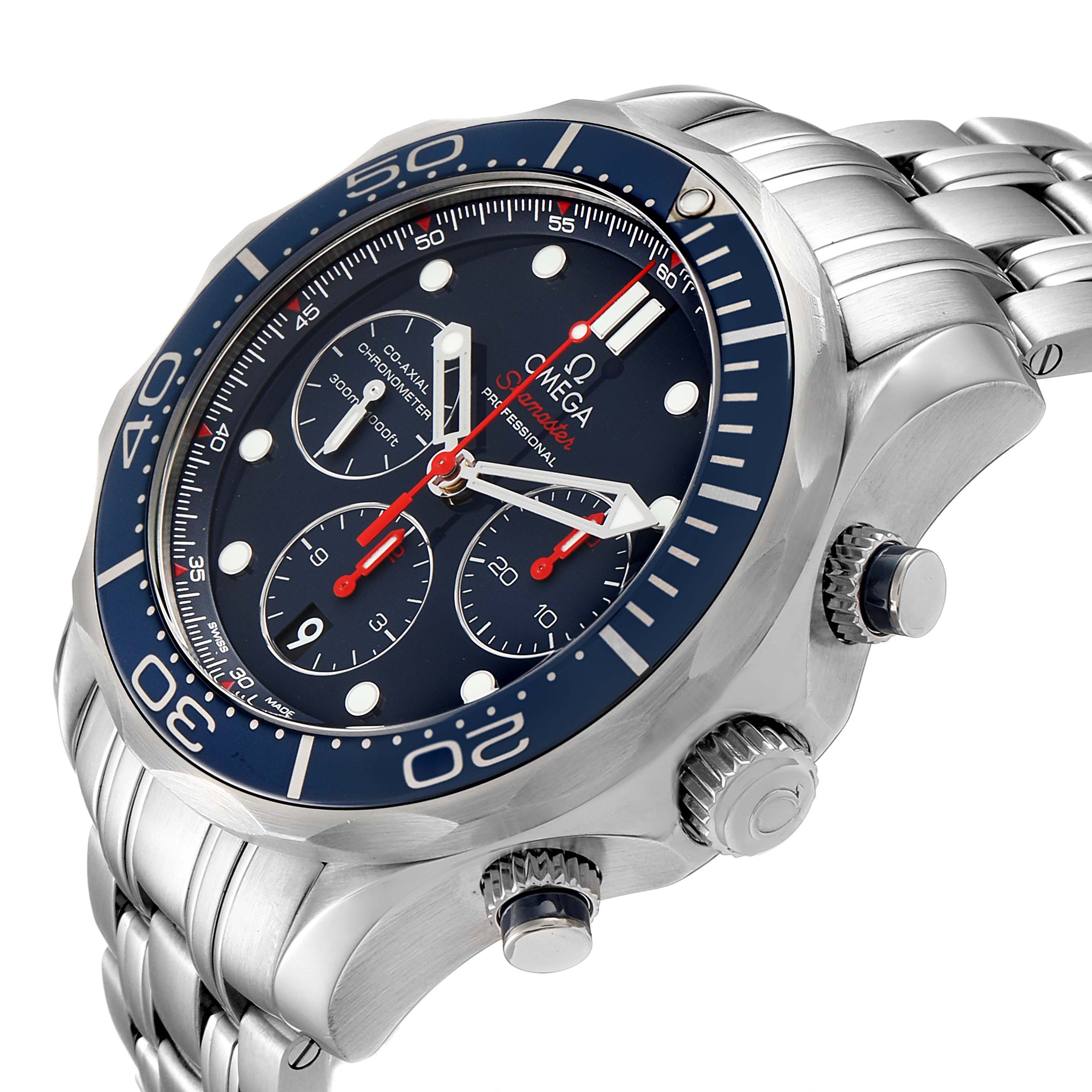 The Omega Seamaster 212.30.44.50.03.001 Men
s Stainless Steel Blue Dial 212.30.44.50.03.001 Men
s Stainless Steel Blue Dial watch is shown from a side angle, displaying the dial, bezel, and stainless steel bracelet.
