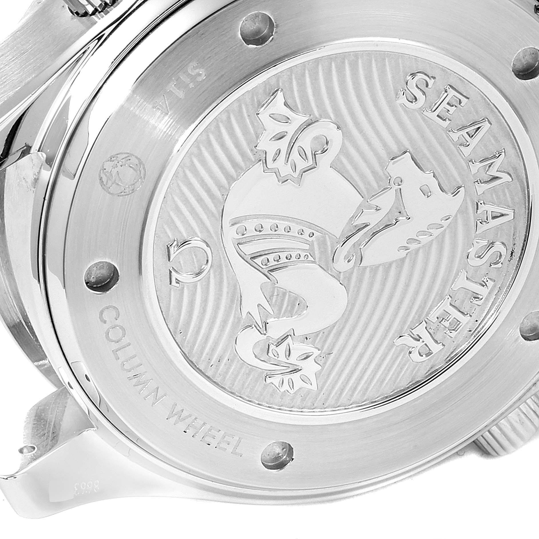 This image shows the back of an Omega Seamaster 212.30.44.50.03.001 Men
s Stainless Steel Blue Dial 212.30.44.50.03.001 Men
s Stainless Steel Blue Dial watch, highlighting its engraved case back design.