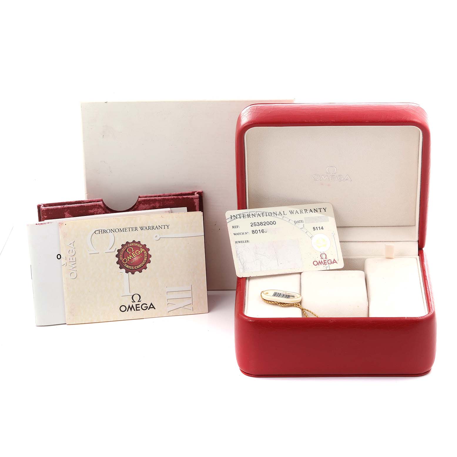 The image shows an Omega Seamaster 2538.20.00 Men's Stainless Steel White Dial 2538.20.00 Men's Stainless Steel White Dial box, warranty cards, and tags from a front angle.