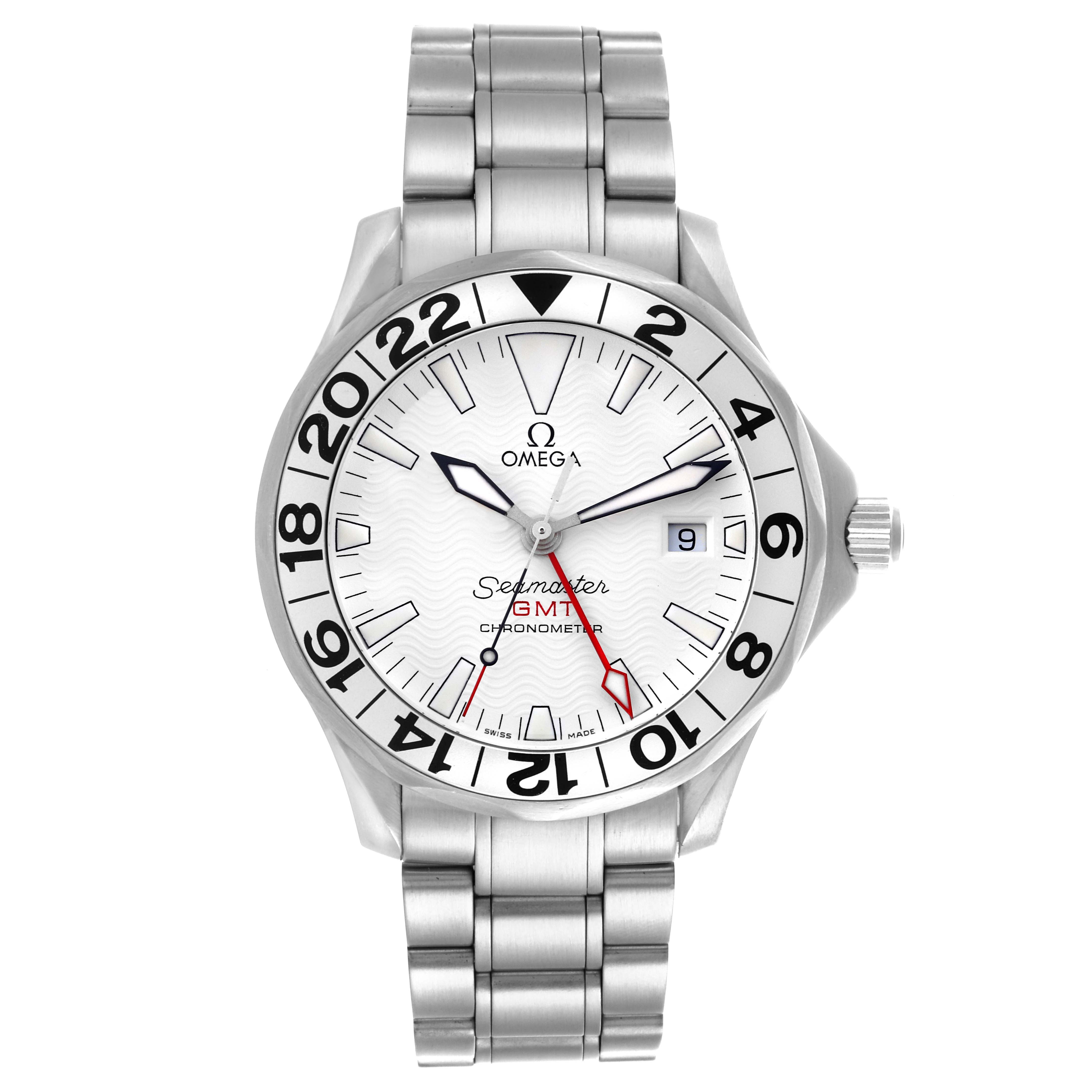 The Omega Seamaster 2538.20.00 Men's Stainless Steel White Dial 2538.20.00 Men's Stainless Steel White Dial watch is shown from a front angle, displaying its face, bezel, bracelet, and crown.