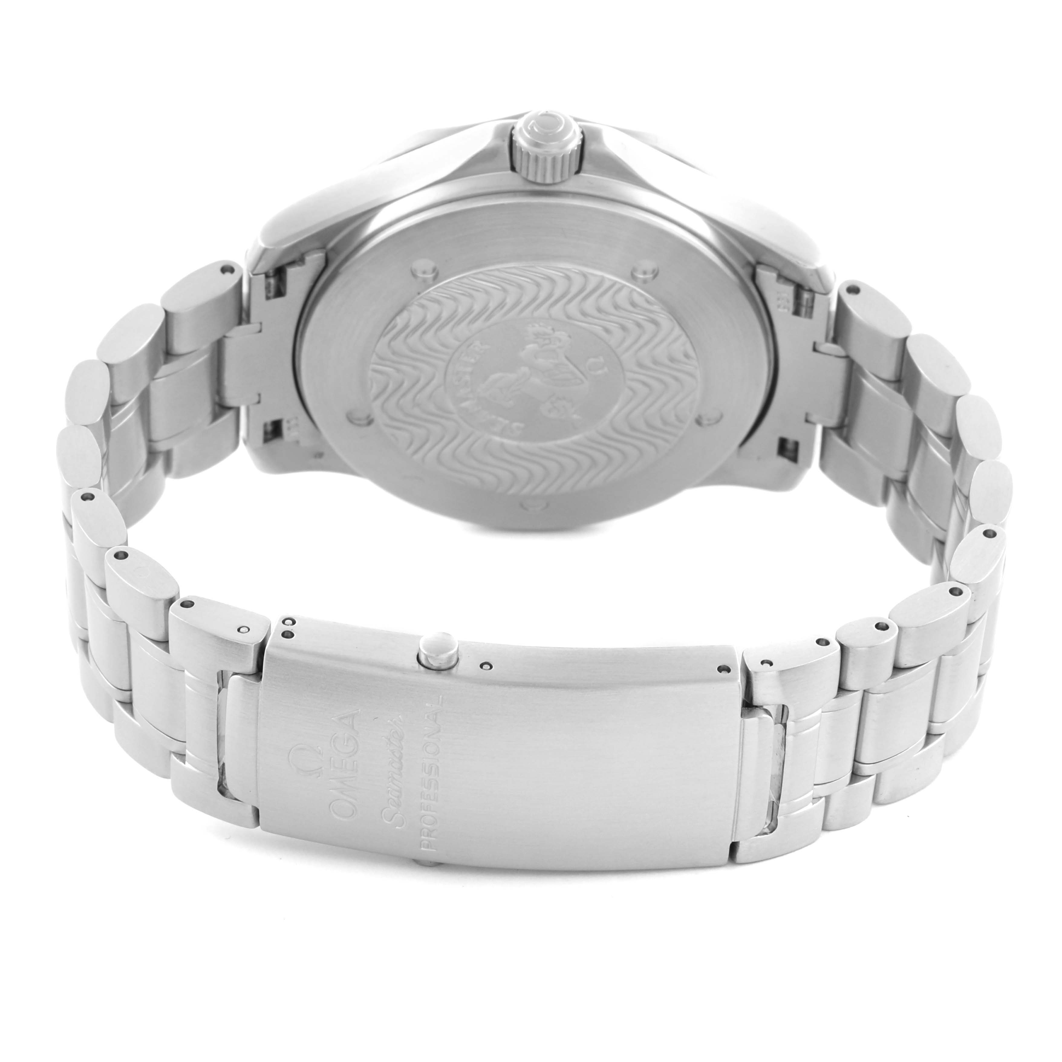 The image shows the back and clasp of an Omega Seamaster 2538.20.00 Men's Stainless Steel White Dial 2538.20.00 Men's Stainless Steel White Dial watch, highlighting the bracelet and case back details.