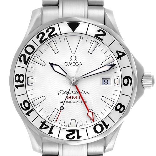 The Omega Seamaster GMT watch is shown from the front, displaying its dial, bezel, crown, and part of the bracelet.