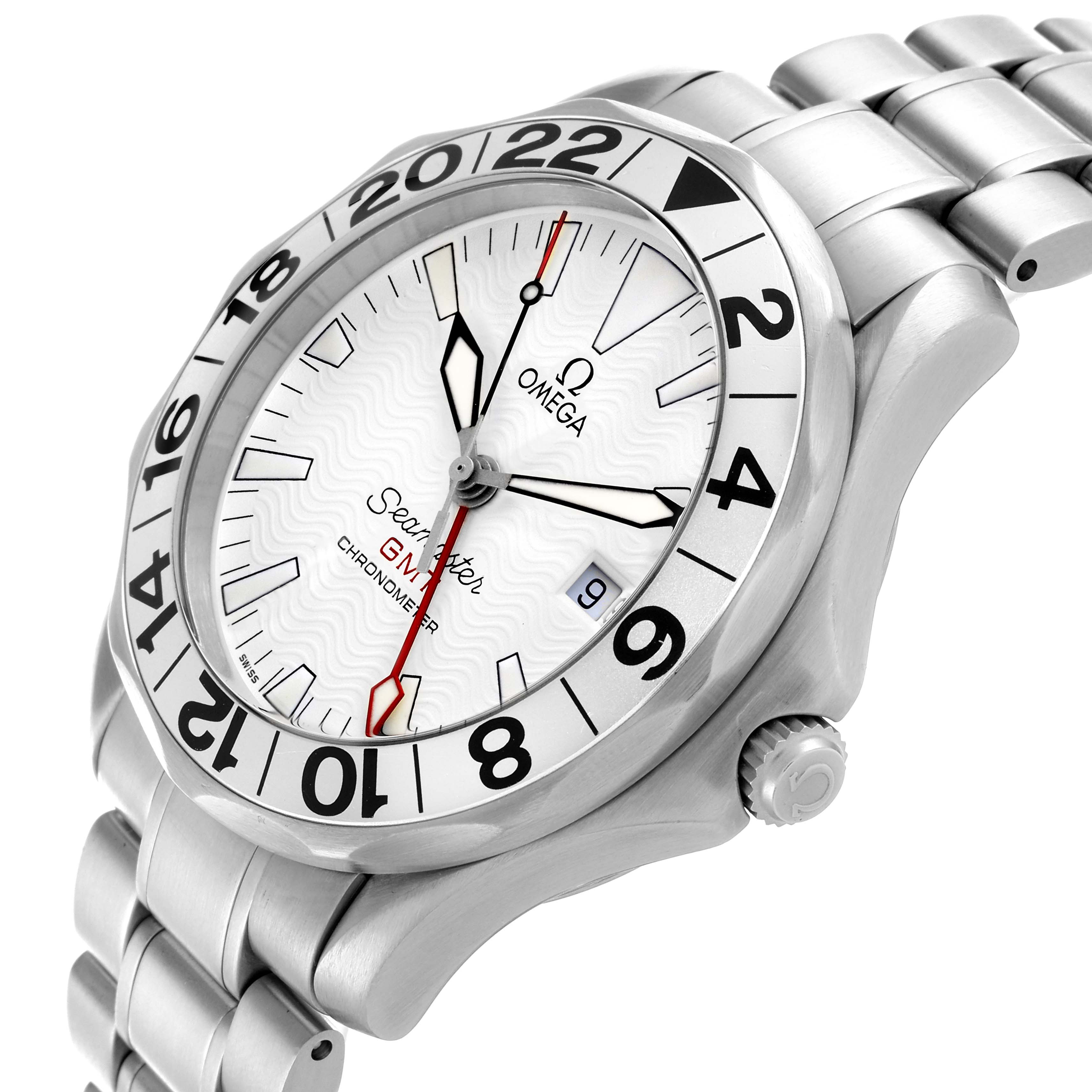 The Omega Seamaster 2538.20.00 Men's Stainless Steel White Dial 2538.20.00 Men's Stainless Steel White Dial watch is shown from a front-left angle, displaying the face, bezel, crown, and bracelet.