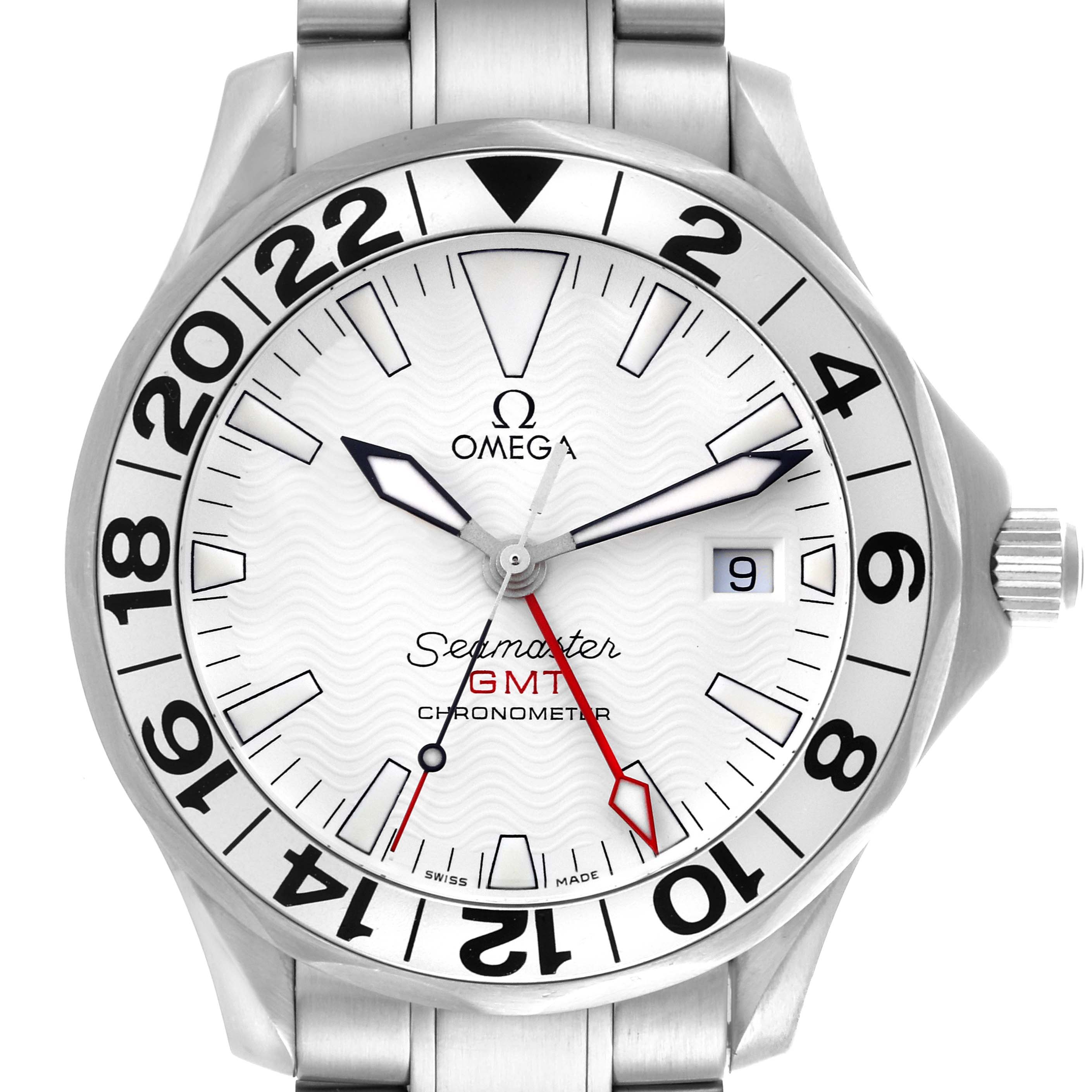 The Omega Seamaster 2538.20.00 Men's Stainless Steel White Dial 2538.20.00 Men's Stainless Steel White Dial watch is shown from a front angle, displaying the face, bezel, and part of the bracelet.